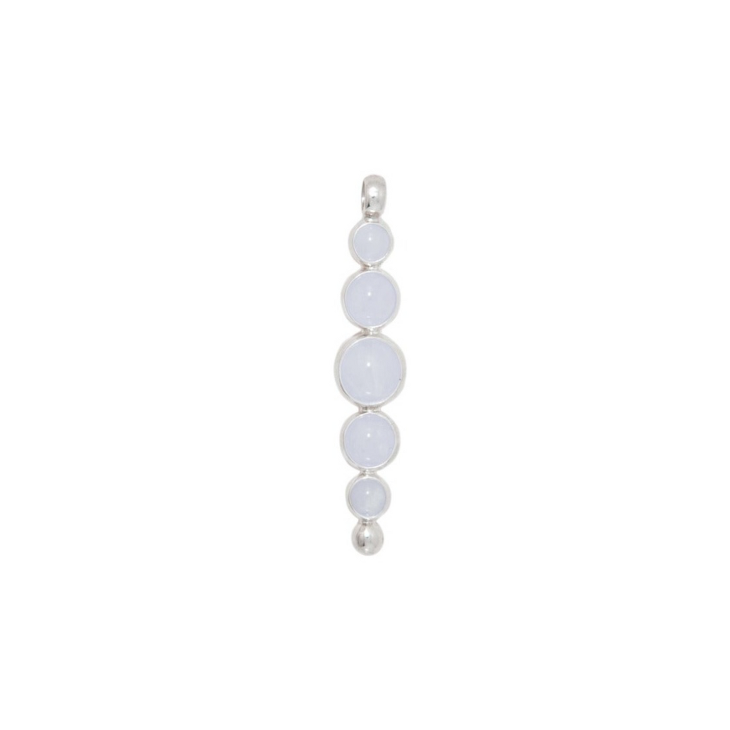 The Harmony Pendant by Kaora Sandara Jewelry features five round pale blue chalcedony stones in sterling silver, arranged vertically from smallest to largest and back, symbolizing inner balance on a white backdrop.
