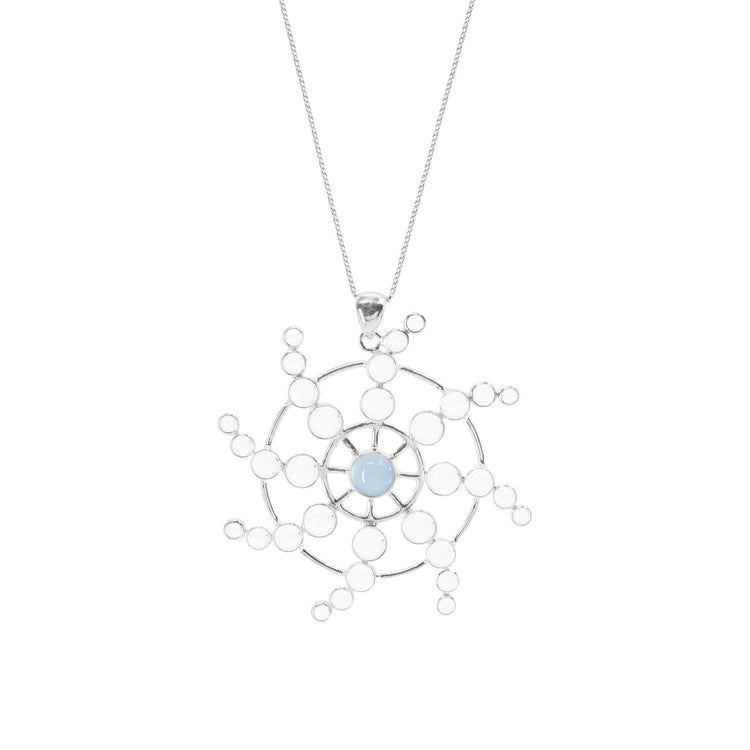 The Perfection of Life Pendant by Kaora Sandara Jewelry features a sterling silver circular design with radiating spokes, Pure Transparent Crystal Quartz beads, and a light blue chalcedony center on a delicate chain.