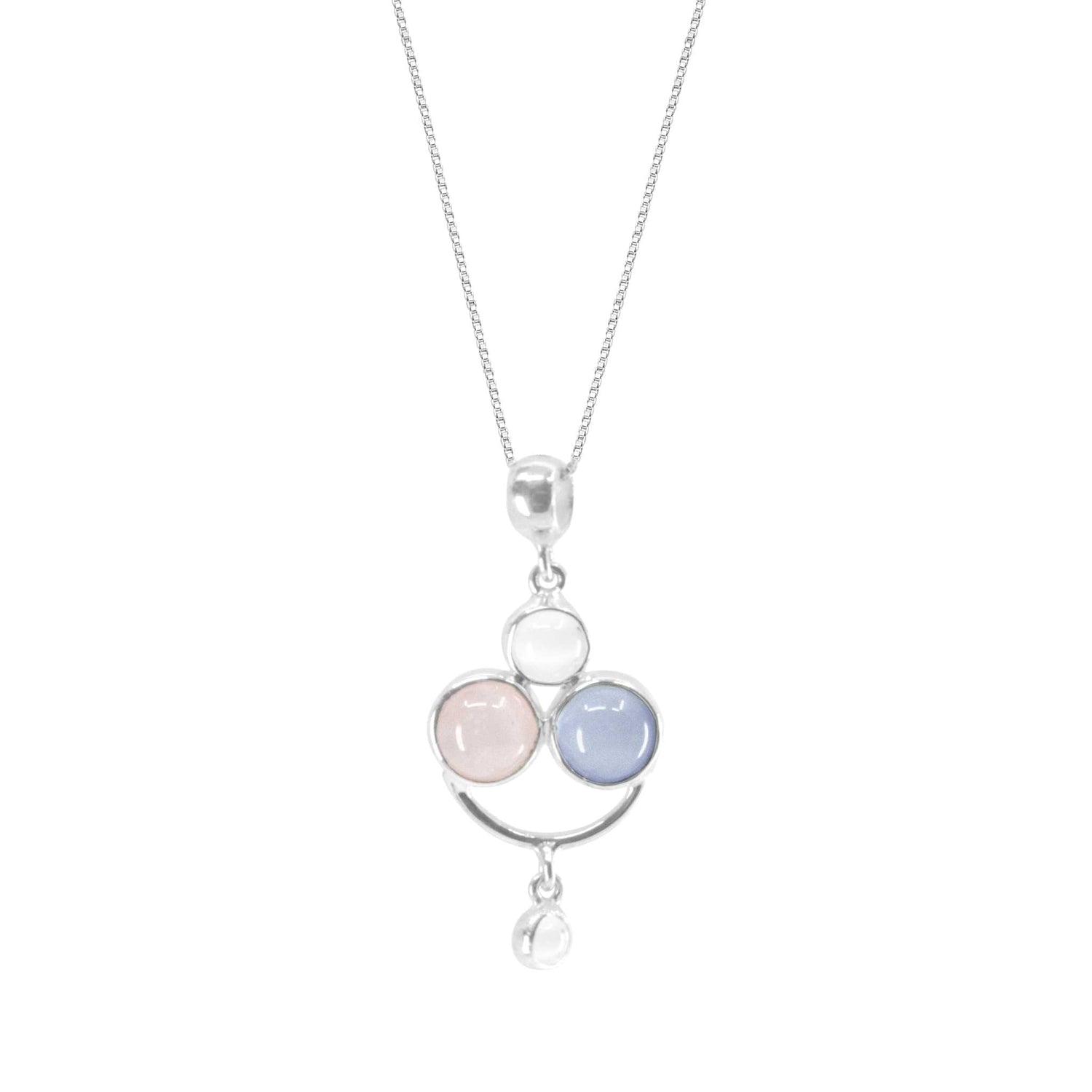 The Happy Parents Pendant by Kaora Sandara Jewelry is a sterling silver necklace with crystal, chalcedony, and rose quartz gems in a triangular setting, plus a small clear stone dangling below.