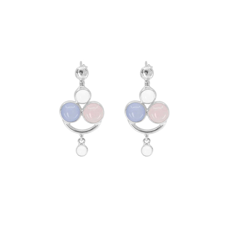 Kaora Sandara Jewelry’s Happy Parents Earstuds feature Sterling Silver 925 with blue chalcedony, pink rose quartz, and clear crystal in a triangular design with a dangling stone—an ideal gift for special occasions.