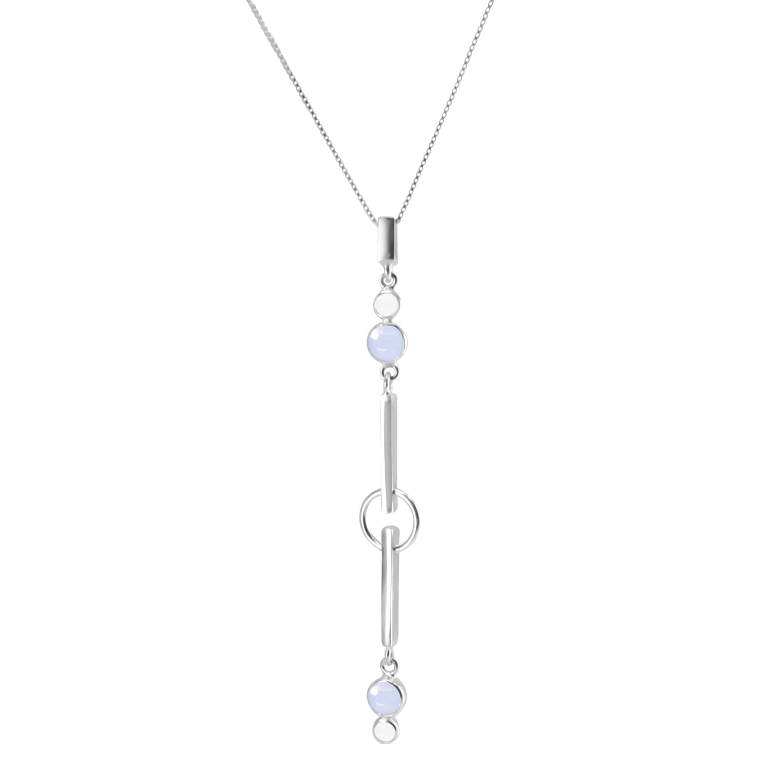 The State Pendant by Kaora Sandara Jewelry features sterling silver, crystal, and chalcedony in a vertical design with two round light blue stones joined by silver bars and rings on a delicate chain for tranquility and balance.