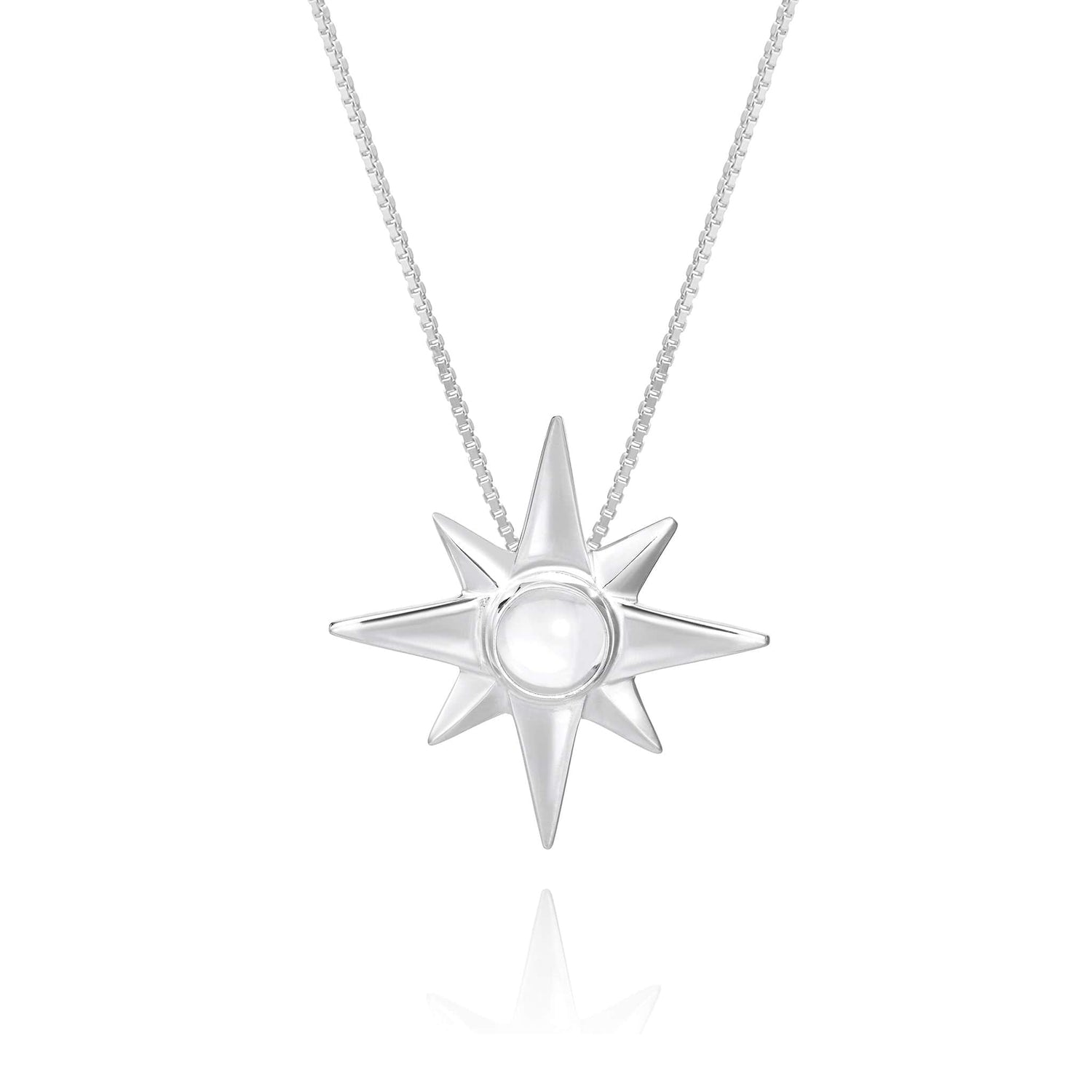 The Kaora Sandara Jewelry Silver Pendant Magic Star with Crystal Sphere - Size S features an eight-pointed star and smooth center, believed to enhance wish fulfillment, displayed on a white background.
