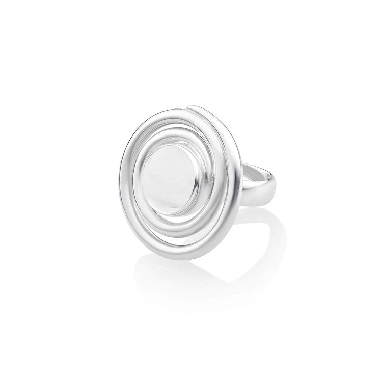 The Kaora Sandara Jewelry Silver Ring Open Spiral with Crystal (Size M) features a modern open spiral design and sparkling center, displayed on a white background—a piece that channels intuition and timeless style.