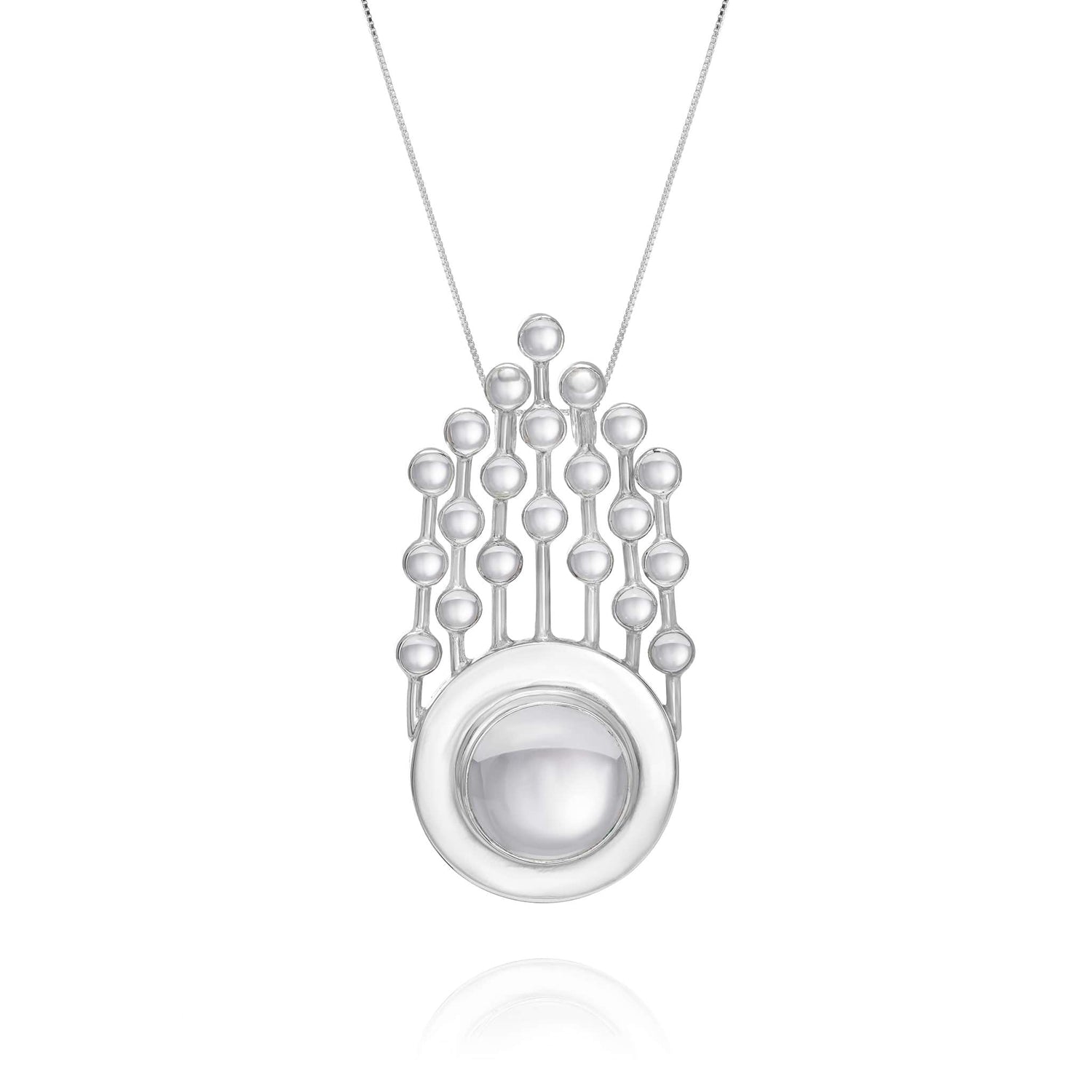 The Silver Pendant Frequency Enhancer with Crystal by Kaora Sandara Jewelry features a circular, domed silver pendant accented with small spheres inspired by rock crystal, connected by vertical lines for a sleek geometric look.