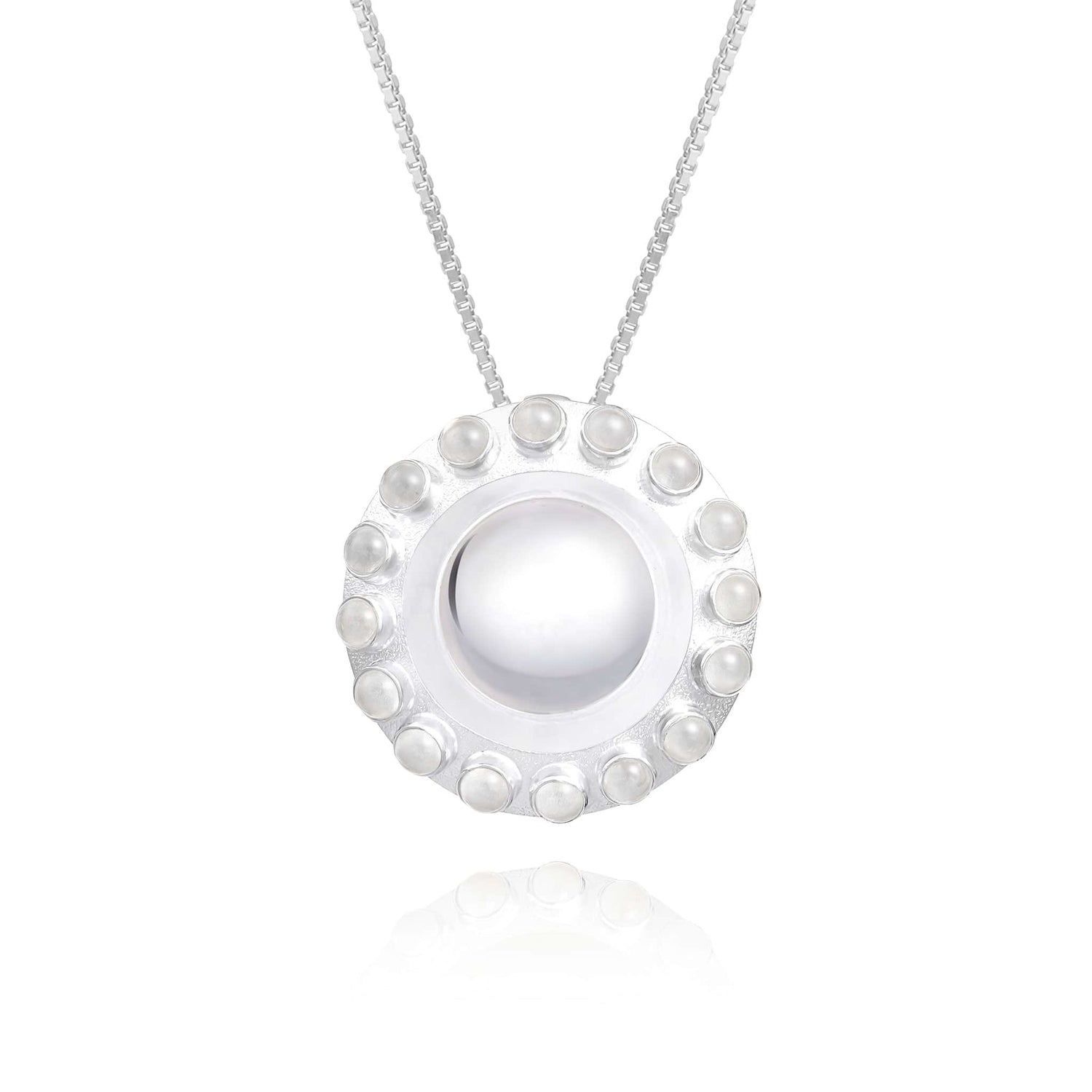 The Kaora Sandara Jewelry Silver Pendant Energy Transformer with Crystal is a sterling silver 925 necklace featuring a round pendant with a central pearl, surrounded by smaller pearls and rhinestone accents, hanging from a thin chain.