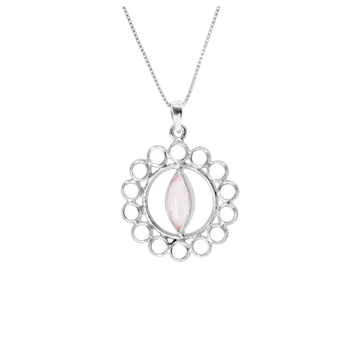 The Anima Pendant by Kaora Sandara Jewelry features a sterling silver openwork design set with crystal and a marquise-shaped rose quartz, symbolizing Inner Woman connection, and comes on a delicate chain.