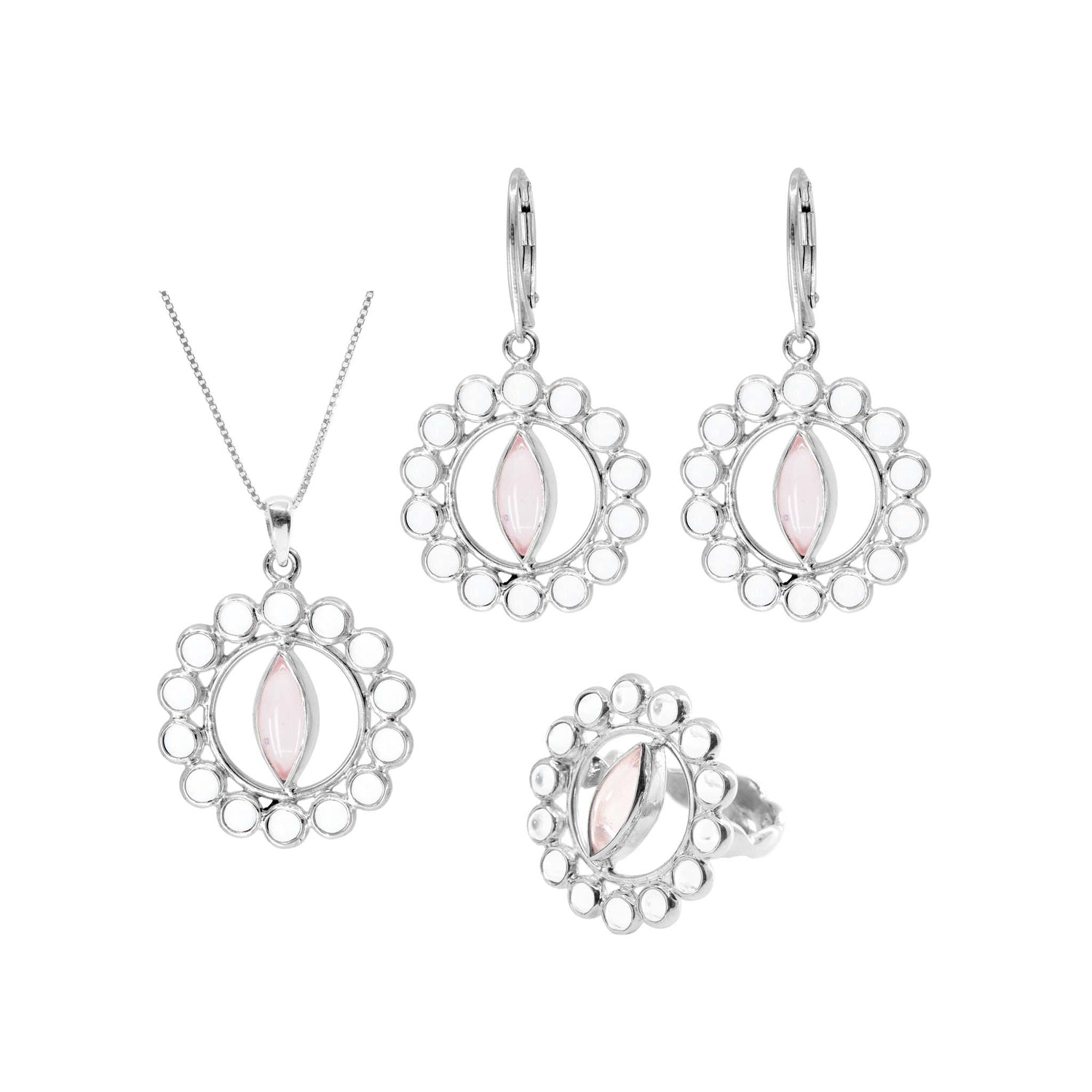 The Anima Pendant by Kaora Sandara Jewelry features a lace-like sterling silver design with a pink marquise-shaped Rose Quartz and crystal centerpiece.