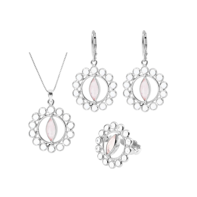 The Anima Pendant by Kaora Sandara Jewelry features a lace-like sterling silver design with a pink marquise-shaped Rose Quartz and crystal centerpiece.