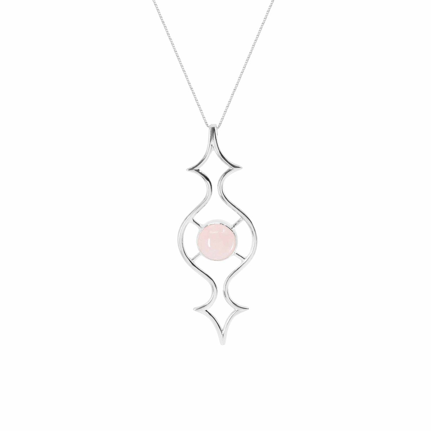 The Quantum Shift NEW Pendant by Kaora Sandara Jewelry is a sterling silver 925 necklace with an openwork design, a round Rose Quartz at its center, and comes in size S. The pendant hangs from a fine chain against a white background.