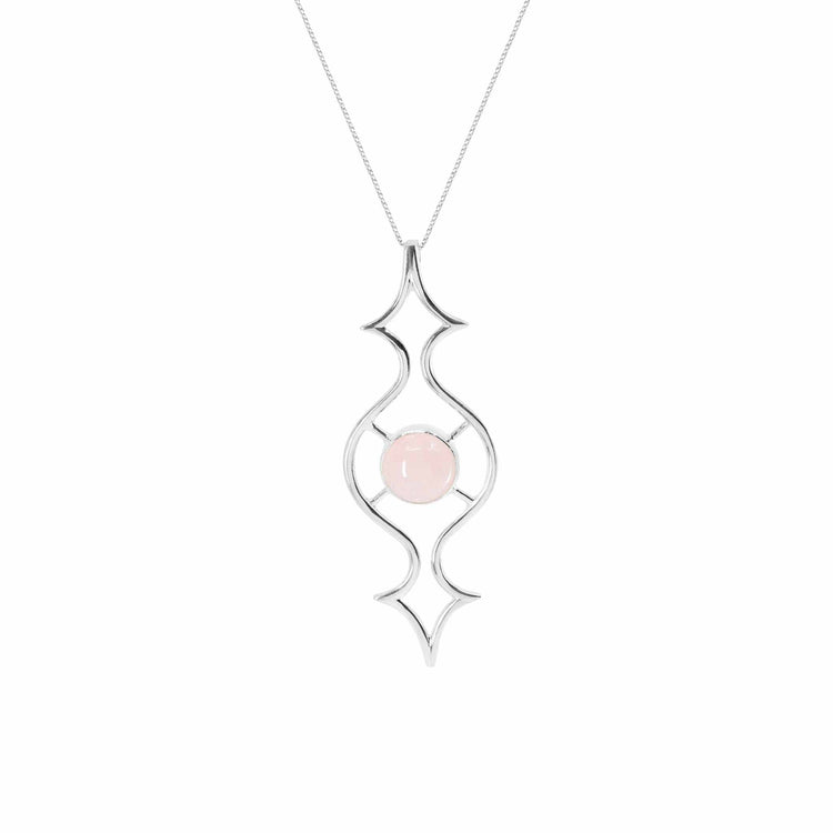 The Quantum Shift NEW Pendant by Kaora Sandara Jewelry is a sterling silver 925 necklace with an openwork design, a round Rose Quartz at its center, and comes in size S. The pendant hangs from a fine chain against a white background.