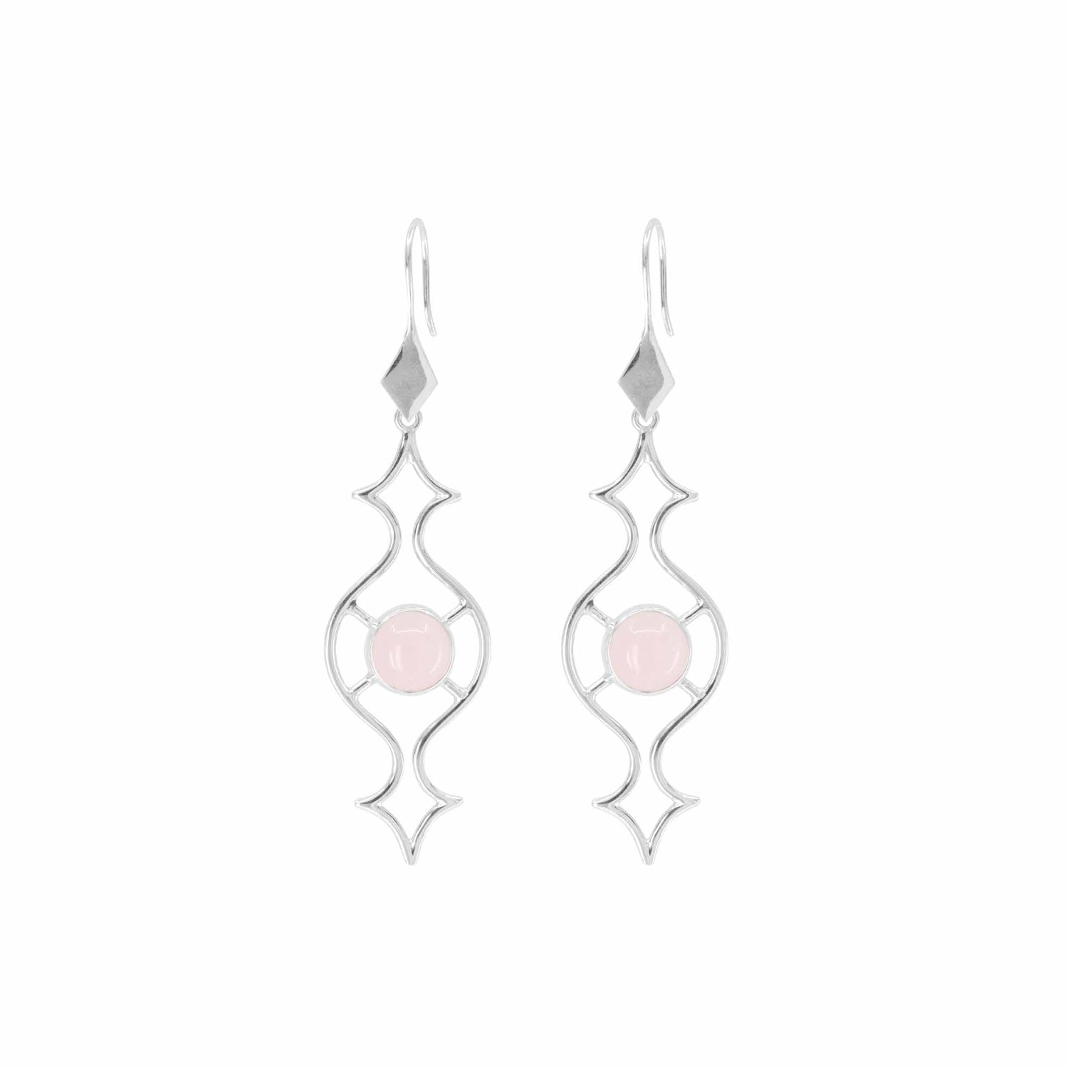 The Quantum Shift NEW Earhooks by Kaora Sandara Jewelry are sterling silver dangle earrings with an open geometric design, each featuring a round rose quartz stone at the center. Size L.