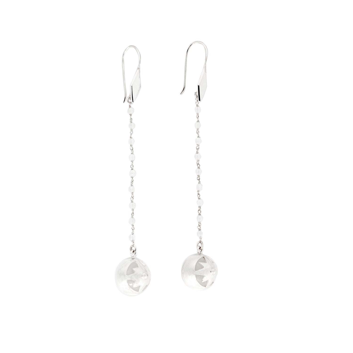 Kaora Sandara Jewelry's Magic Time Day Earhooks feature sterling silver 925 earhooks, delicate chains with small beads, and round, frosted crystal gemstone pendants, beautifully displayed on a white background.
