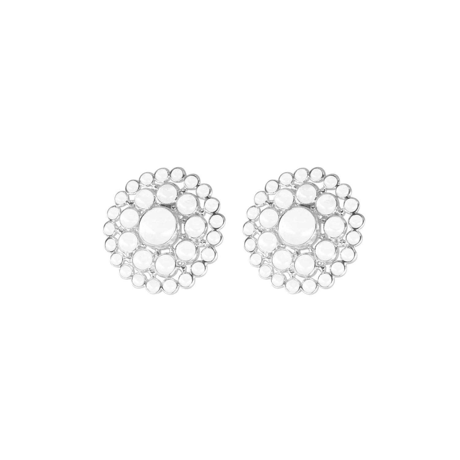 Discover the Purity Earclips – Size L by Kaora Sandara Jewelry: elegant round 925 Sterling Silver earrings featuring a central piece surrounded by two rows of crystal spheres for a floral-inspired look.