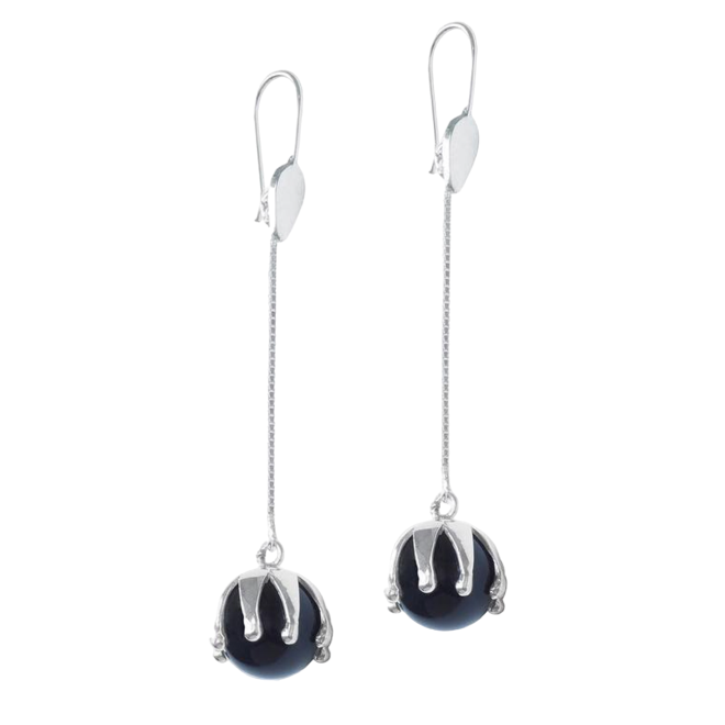 The I'M A Queen Earhooks by Kaora Sandara Jewelry are sterling silver drop earrings with thin chains and round black agate beads in decorative claw-like settings—an elegant accessory for any occasion.