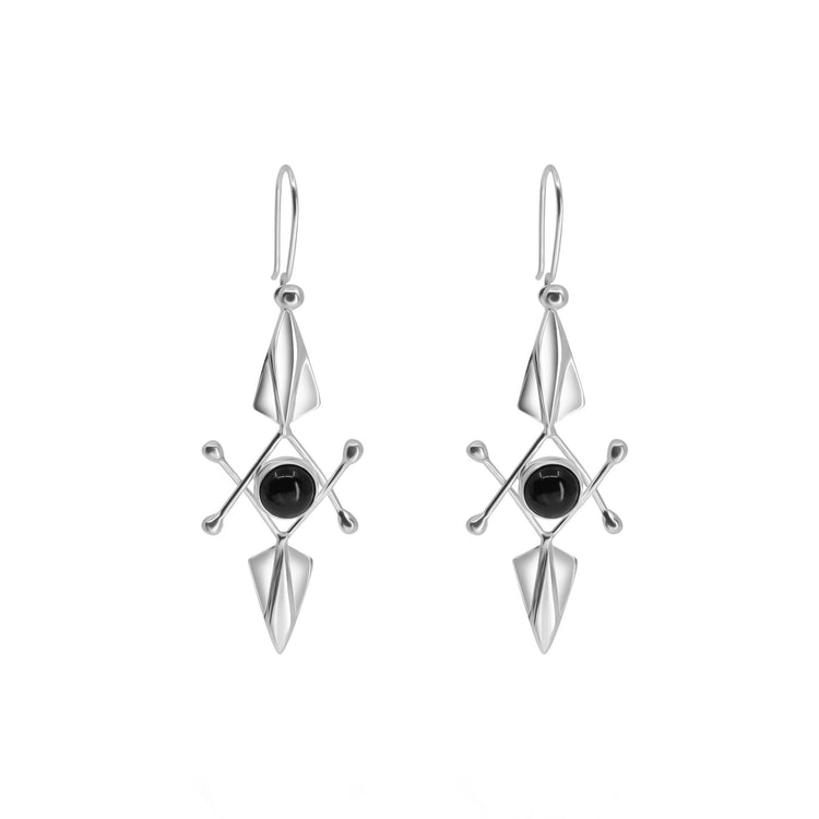 The Energy Protection Earhooks by Kaora Sandara Jewelry feature Sterling Silver 925 with central black agate stones, geometric diamond and crossbar designs, offering stylish energy protection.