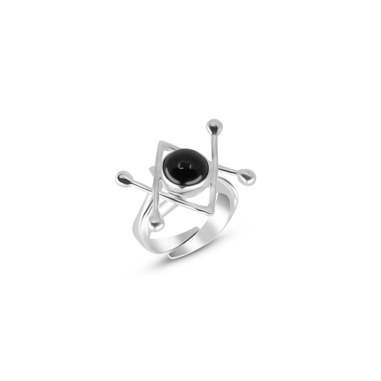 The Energy Protection Ring by Kaora Sandara Jewelry features Sterling Silver 925 with intersecting geometric lines, ball ends, and a central Black Agate stone for subtle energy protection, shown on a white background.