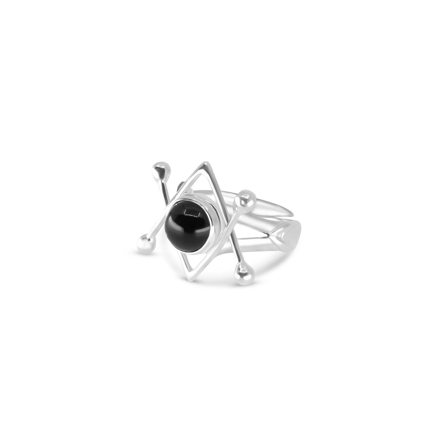 The Kaora Sandara Jewelry Energy Protection Ring features sterling silver 925 with a geometric design, intersecting lines, and a central round black agate stone for energy protection, accented by small silver balls.