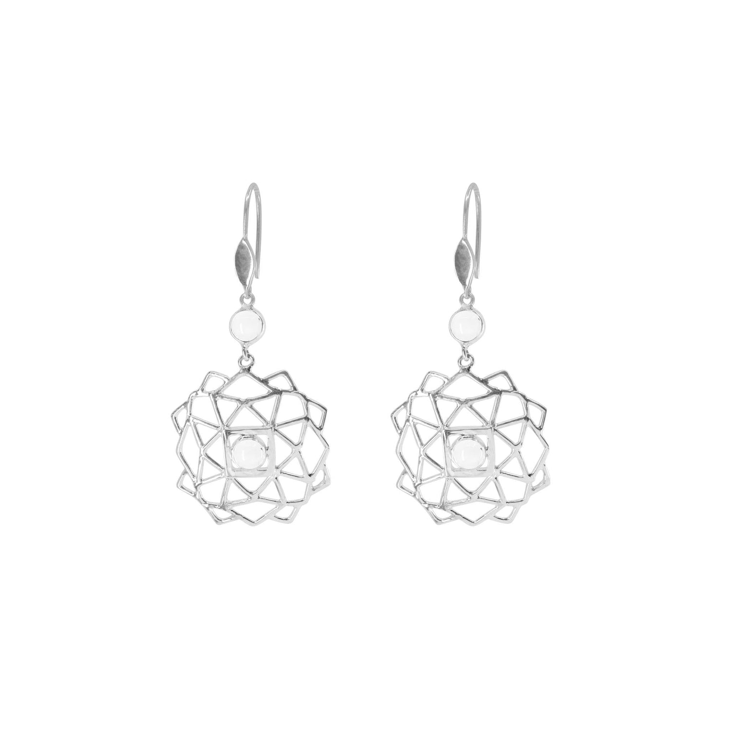 Kaora Sandara Jewelry’s Expansion Earhooks: Sterling Silver 925 dangle earrings with lattice-style floral designs and central crystal spheres, shown on a white background.