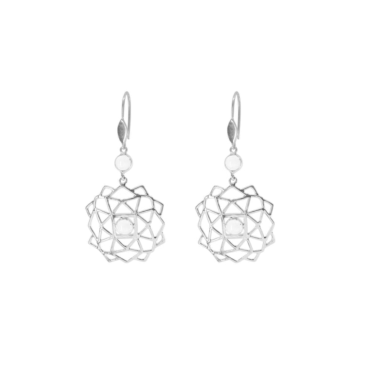Kaora Sandara Jewelry’s Expansion Earhooks: Sterling Silver 925 dangle earrings with lattice-style floral designs and central crystal spheres, shown on a white background.