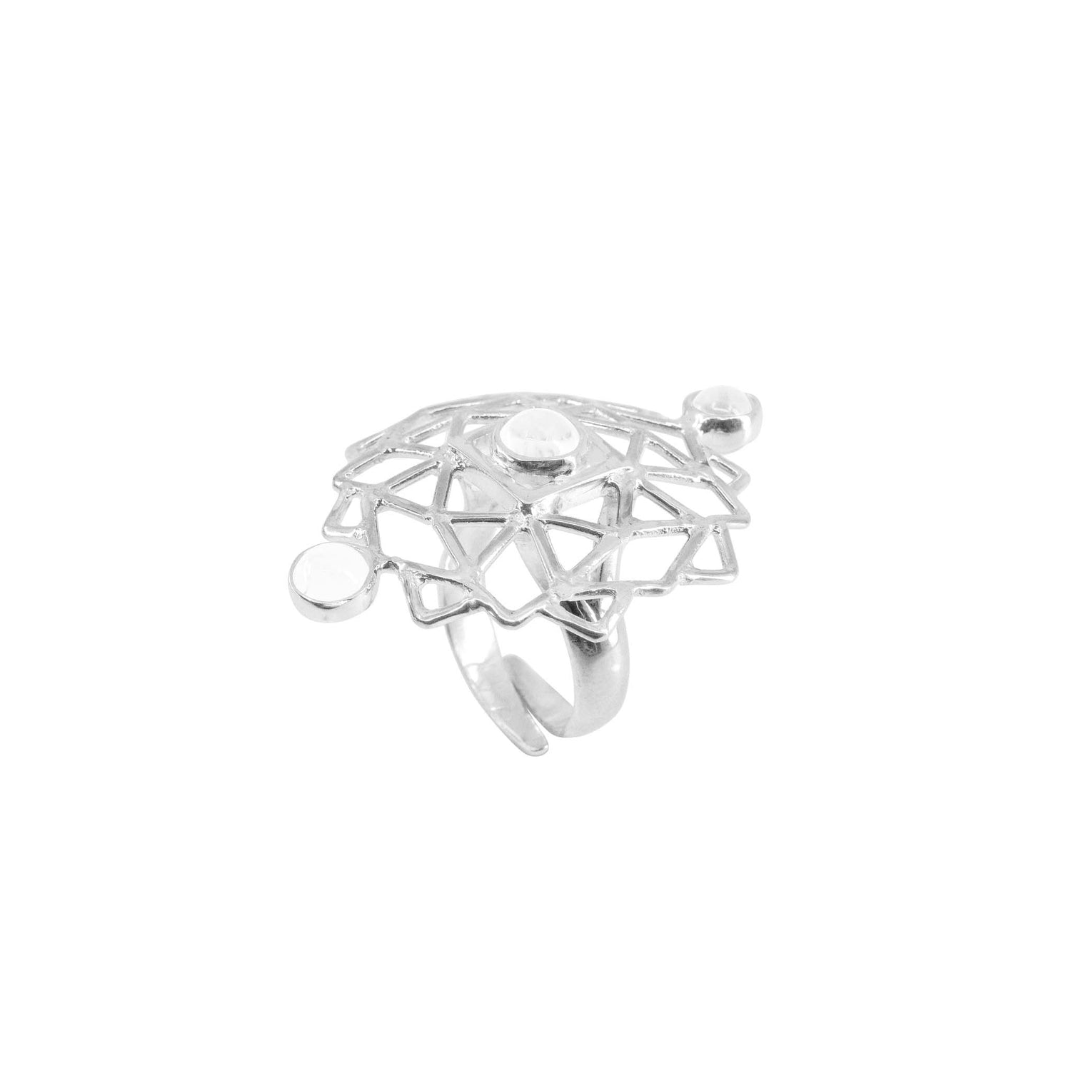 The Expansion Ring by Kaora Sandara Jewelry features sterling silver 925 with crystal gemstones in an open geometric lattice design and circular accents, shown on a white background.