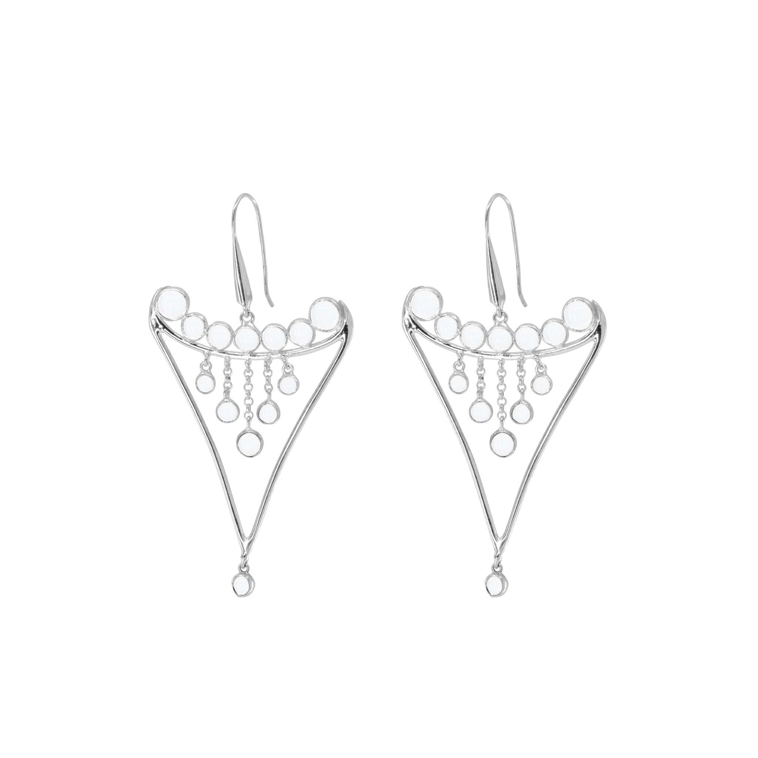 The Fifth Dimension Earhooks by Kaora Sandara Jewelry are sterling silver earrings featuring a triangular frame with crystal spheres and small dangling rings, shown on a white background.