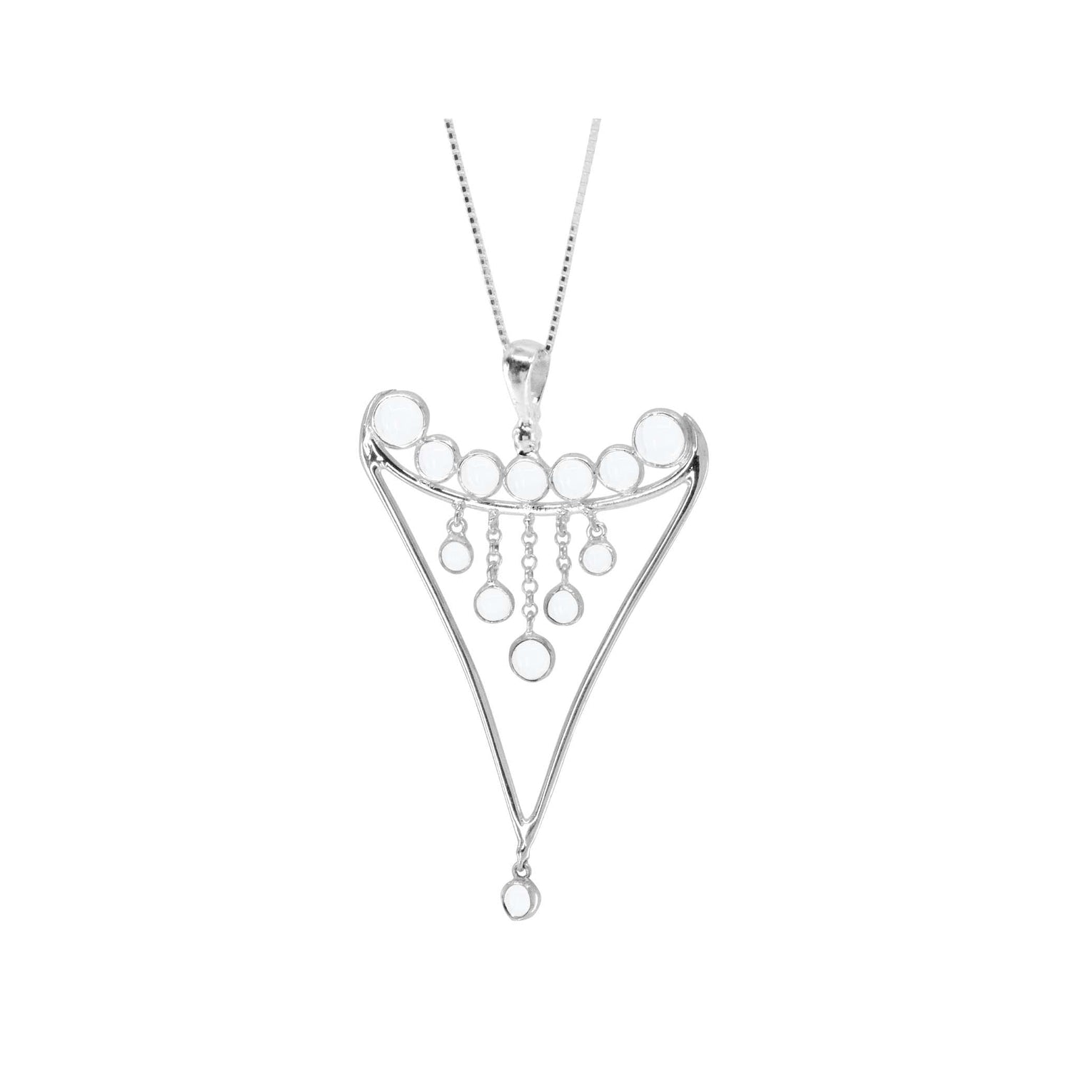 The Fifth Dimension Pendant by Kaora Sandara Jewelry features a sterling silver triangular frame with crystal spheres and dangling chains, blending modern geometric style and elegant detail on a fine chain.
