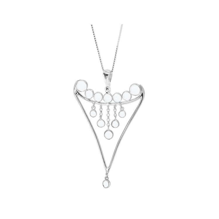 The Fifth Dimension Pendant by Kaora Sandara Jewelry features a sterling silver triangular frame with crystal spheres and dangling chains, blending modern geometric style and elegant detail on a fine chain.