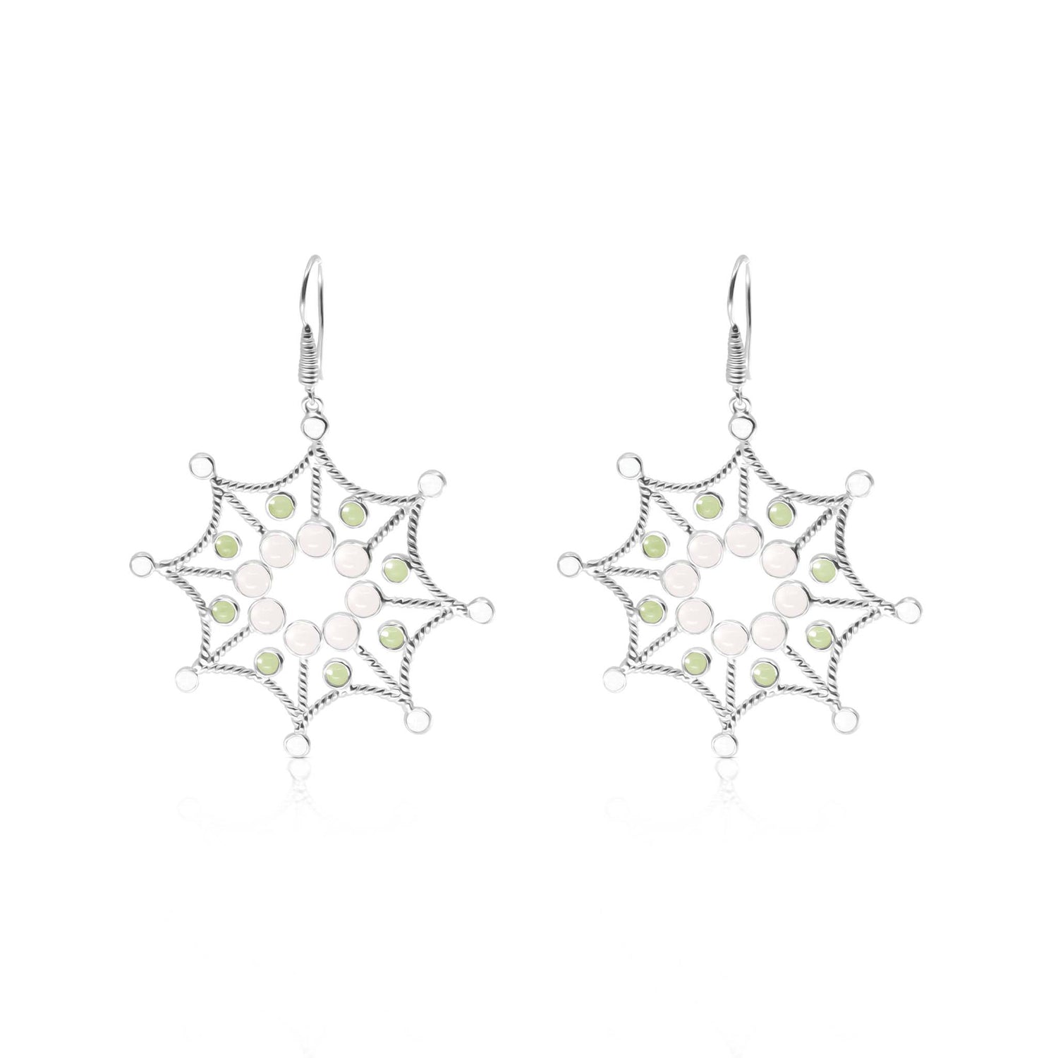 Experience the elegance of Kaora Sandara Jewelry’s Freedom from the Ego Earhooks—sterling silver dangle earrings with crystal, rose quartz, and peridot, featuring intricate wirework and secure hooks.