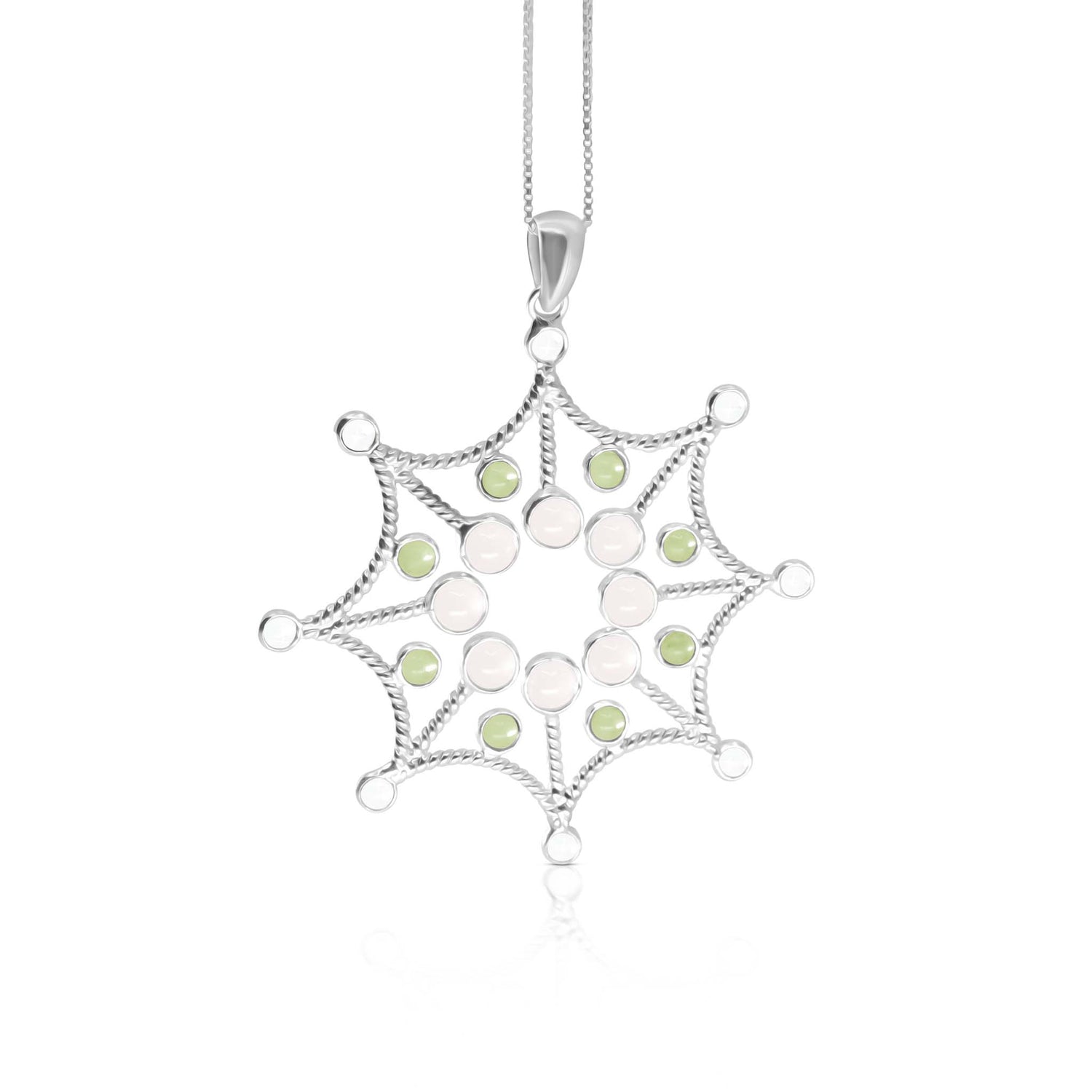 The Freedom from the Ego Pendant by Kaora Sandara Jewelry features sterling silver shaped like a web, accented with rose quartz, peridot crystals, and hangs delicately from a chain against a white background.