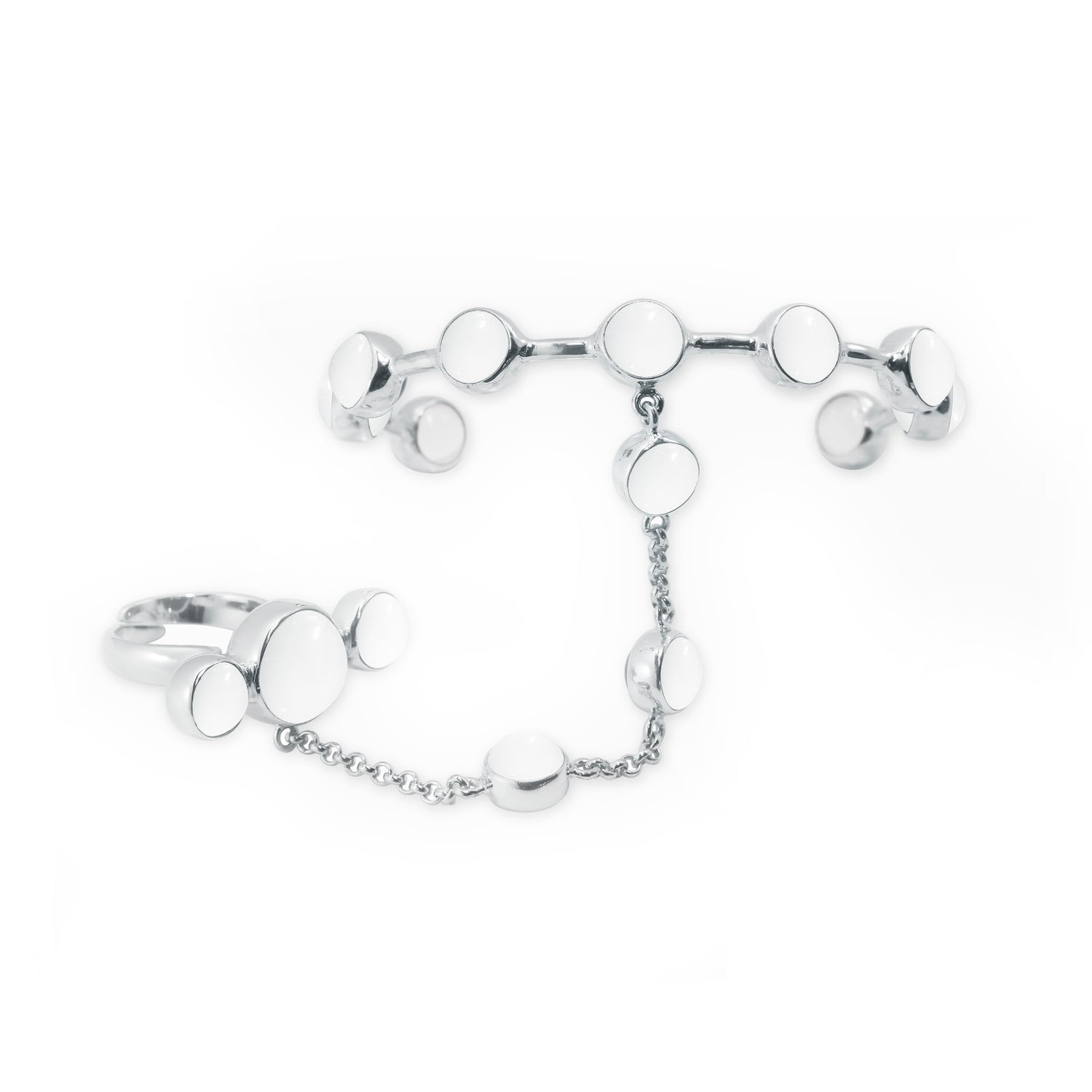 The Silver Hand Chain Crystal Path by Kaora Sandara Jewelry features two rings linked by a delicate chain, each adorned with crystal sphere gemstones for a modern, minimalist look with gemstone elegance.