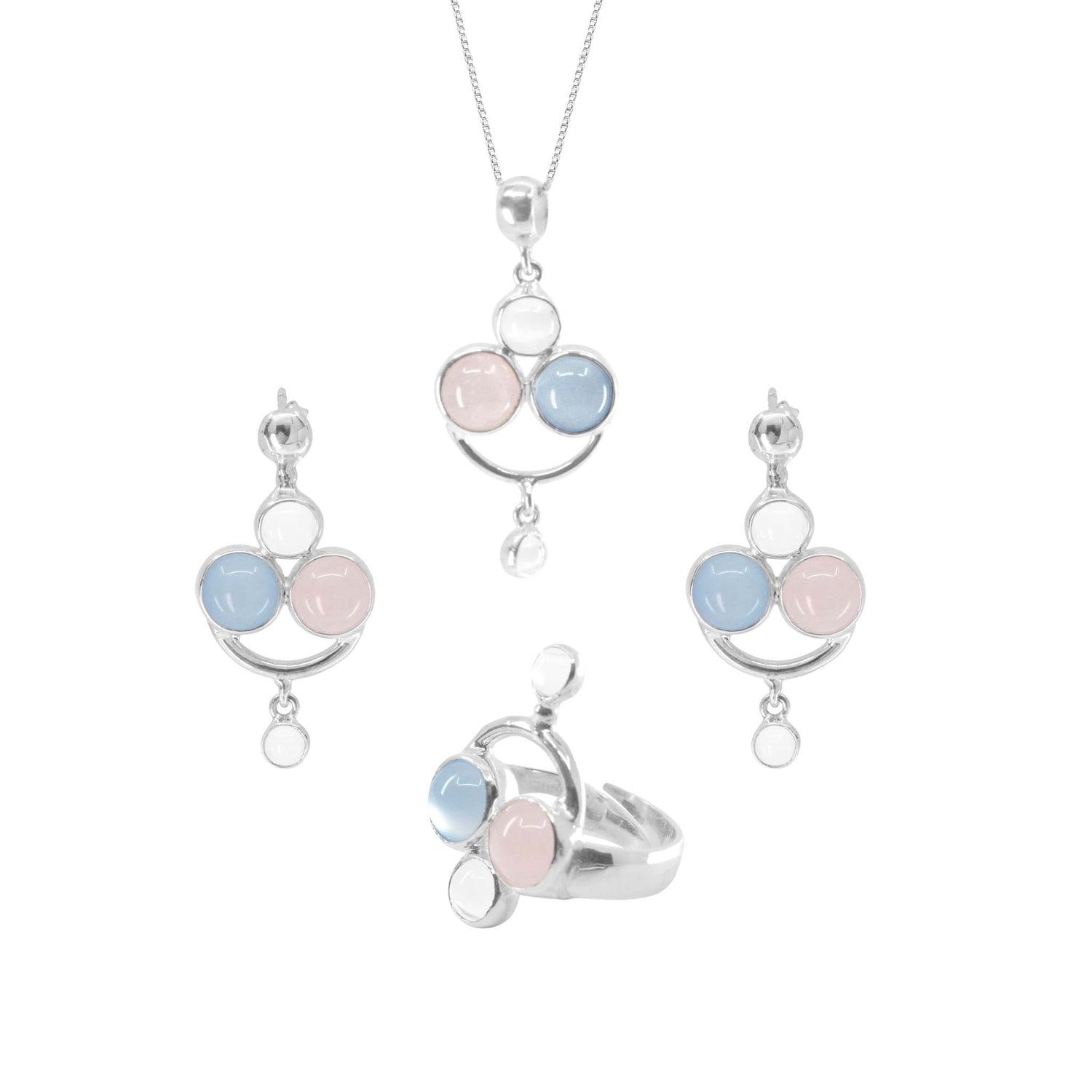 The Kaora Sandara Jewelry Happy Parents Pendant set is sterling silver with crystal, chalcedony, and rose quartz stones in a circular design. The necklace and earrings include a small white stone dangle.