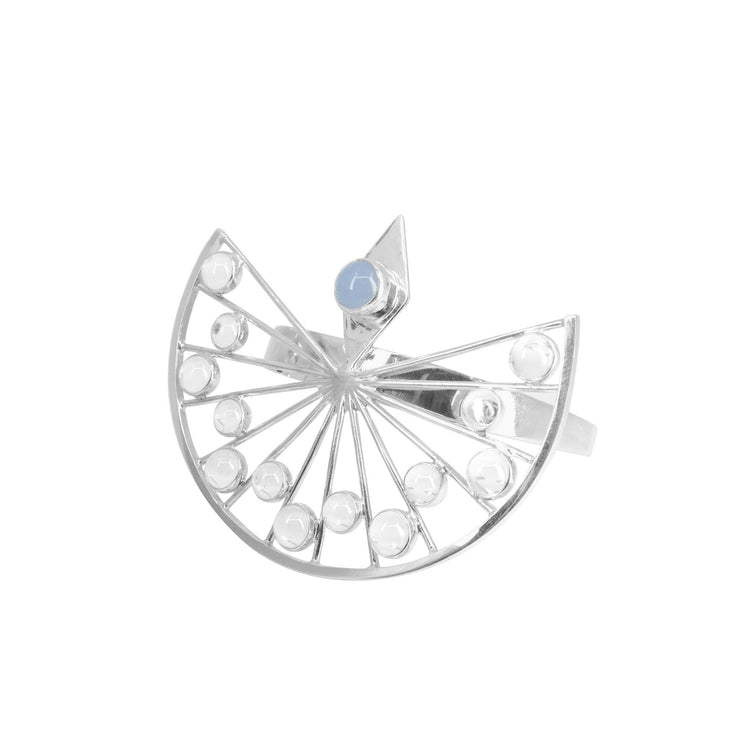 The NEW! Higher Self Bracelet by Kaora Sandara Jewelry features sterling silver with crystal accents and a blue chalcedony, offering a modern, radiant design.