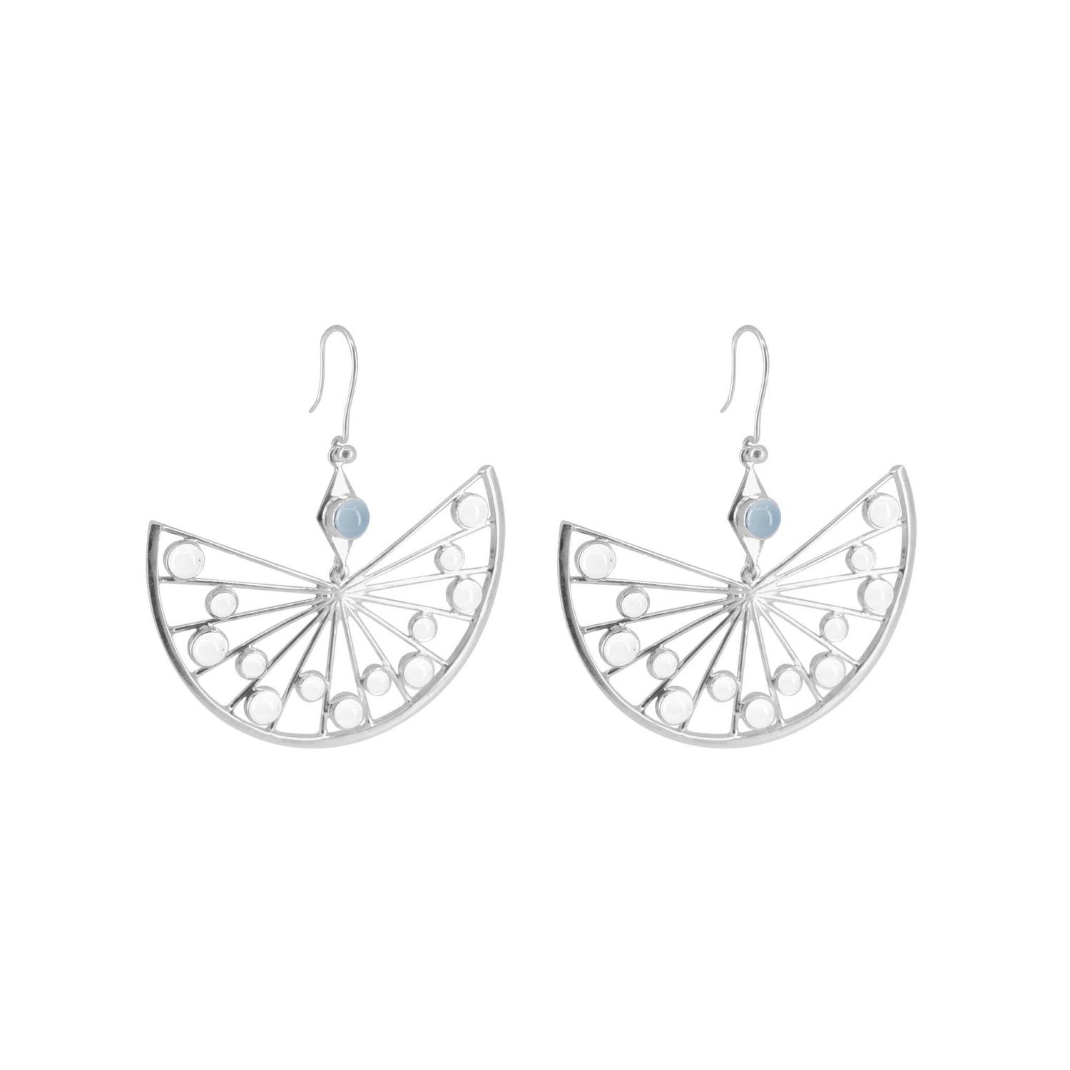 The Higher Self Earhooks by Kaora Sandara Jewelry feature sterling silver, fan-shaped dangles with open circles and a light blue chalcedony stone, designed to inspire intuition and spiritual connection.