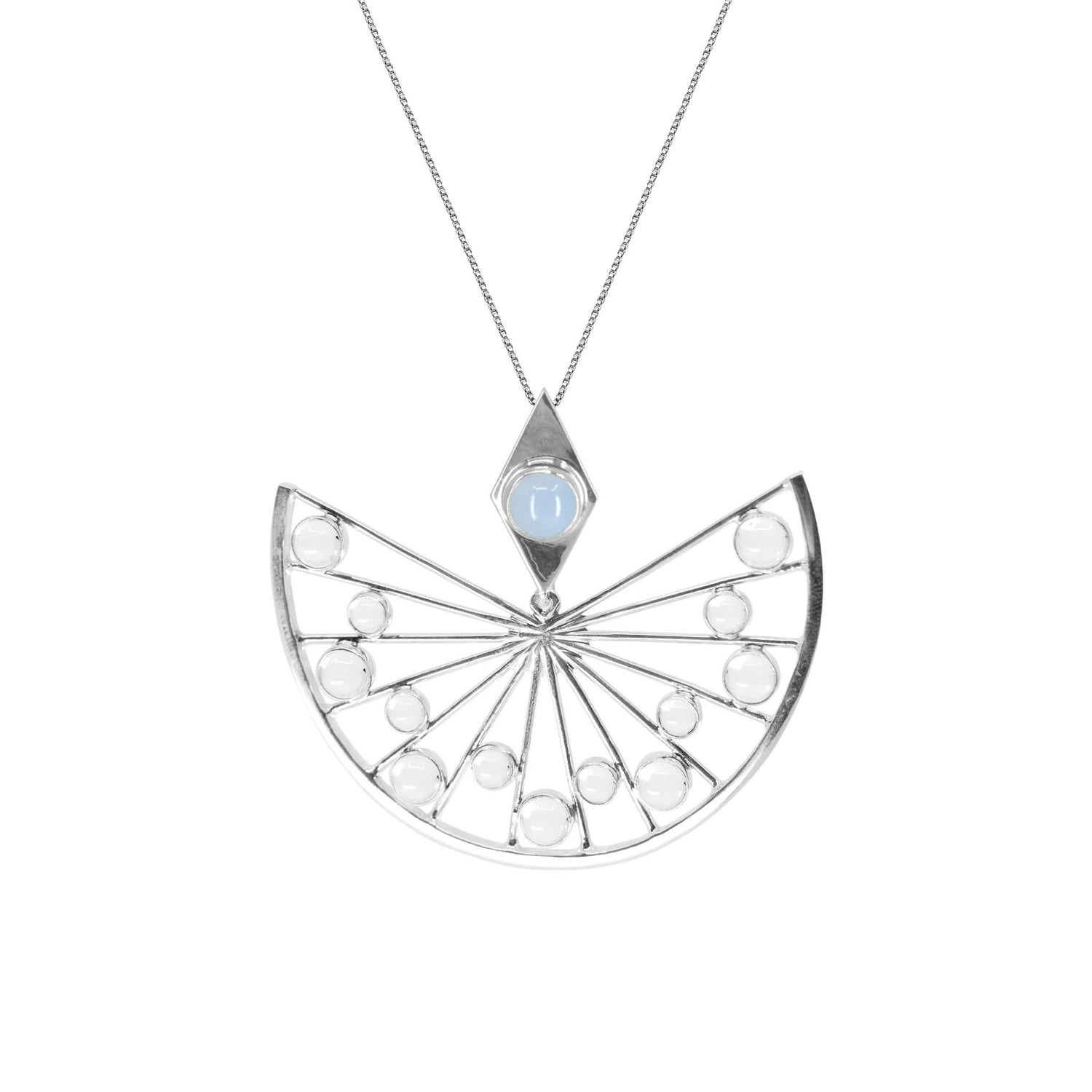 The Higher Self Pendant by Kaora Sandara Jewelry features a geometric semicircle Sterling Silver design with crystal, light blue Chalcedony, radiating lines, diamond-shaped setting, and small round accents on a fine chain.