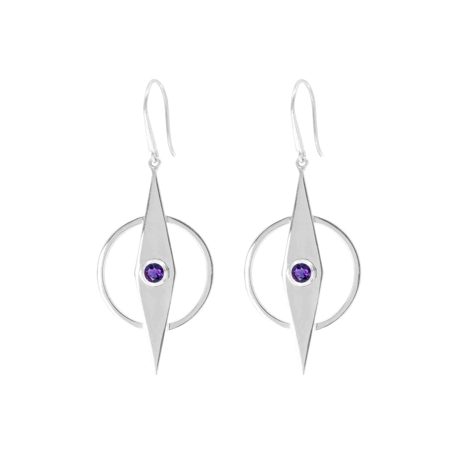 The Intuition Earhooks by Kaora Sandara Jewelry feature pointed, diamond-shaped 925 Sterling Silver dangles with central amethyst stones and circular hoop accents, secured with easy-to-wear earhooks.