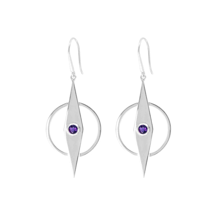The Intuition Earhooks by Kaora Sandara Jewelry feature pointed, diamond-shaped 925 Sterling Silver dangles with central amethyst stones and circular hoop accents, secured with easy-to-wear earhooks.