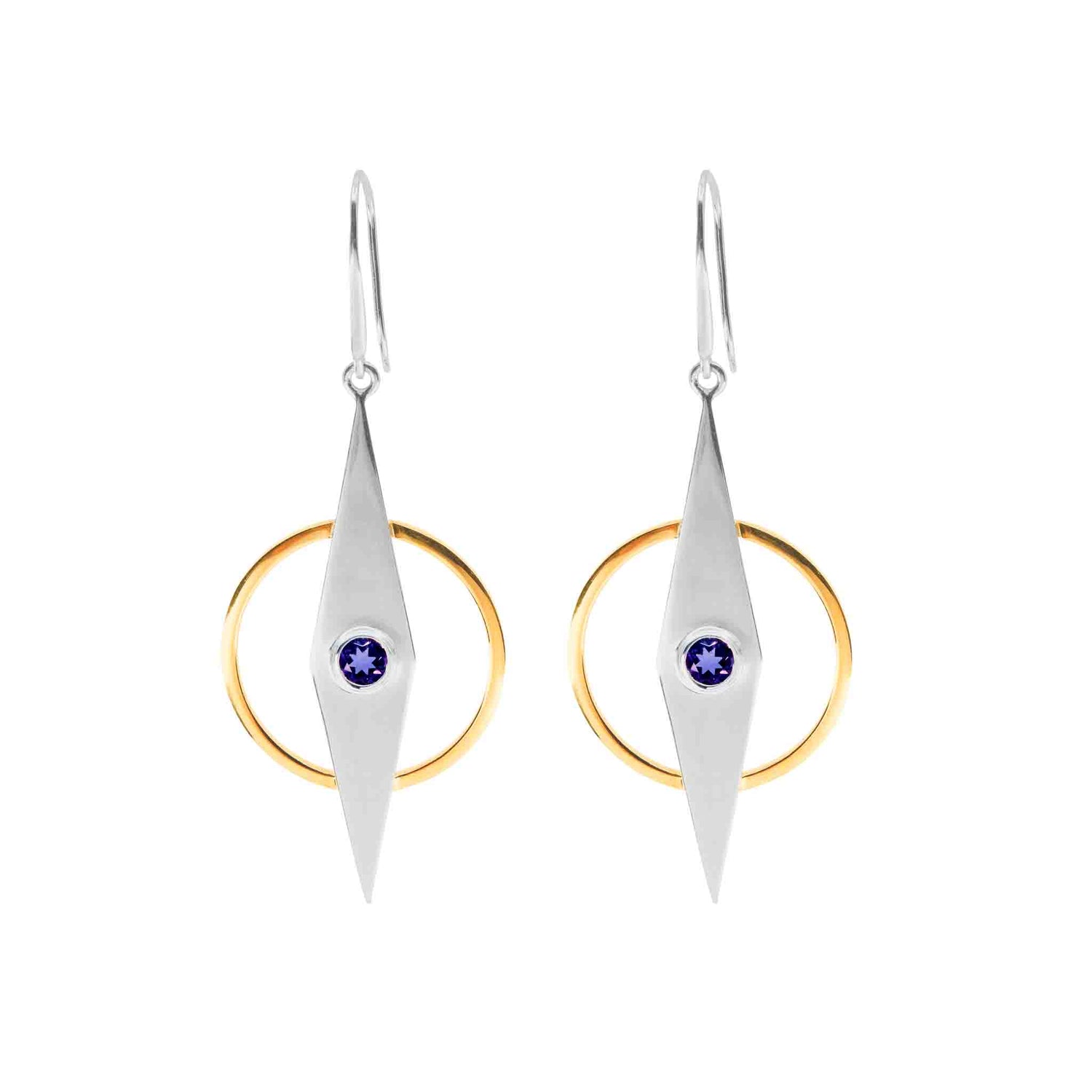 The Intuition Earhooks by Kaora Sandara Jewelry feature sterling silver and gold-plated drops with amethyst centers, combining modern design with elegant craftsmanship.
