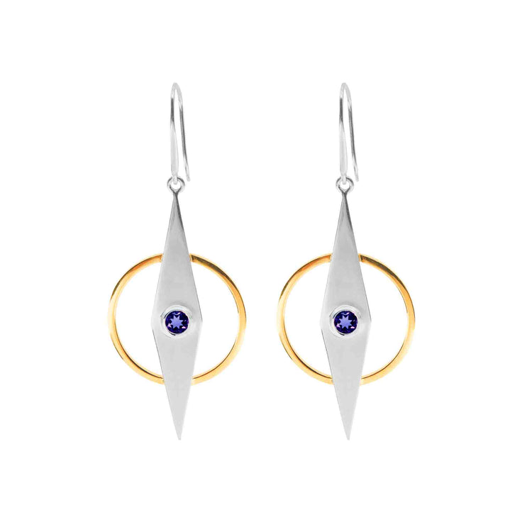 The Intuition Earhooks by Kaora Sandara Jewelry feature sterling silver and gold-plated drops with amethyst centers, combining modern design with elegant craftsmanship.