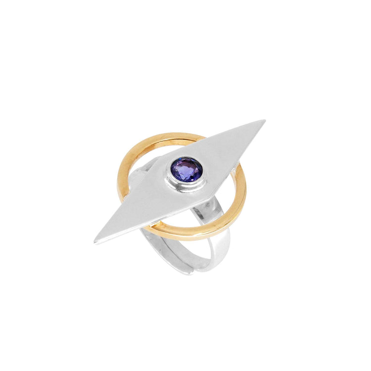 The Intuition Ring by Kaora Sandara Jewelry features a central round amethyst, accented by a horizontal silver marquise and encircled with gold-plating, crafted in 925 sterling silver.