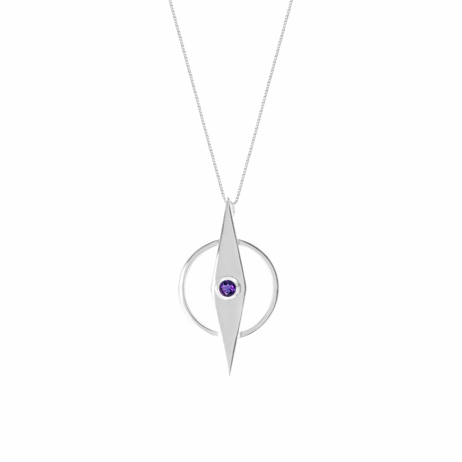 The Intuition Pendant by Kaora Sandara Jewelry features a Sterling Silver 925 pointed oval intersecting a hoop, accented with an amethyst gemstone for intuition. A minimalist design suspended on a thin chain.