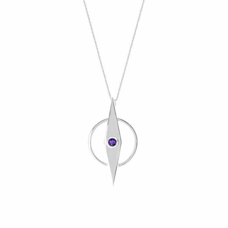 The Intuition Pendant by Kaora Sandara Jewelry features a Sterling Silver 925 pointed oval intersecting a hoop, accented with an amethyst gemstone for intuition. A minimalist design suspended on a thin chain.