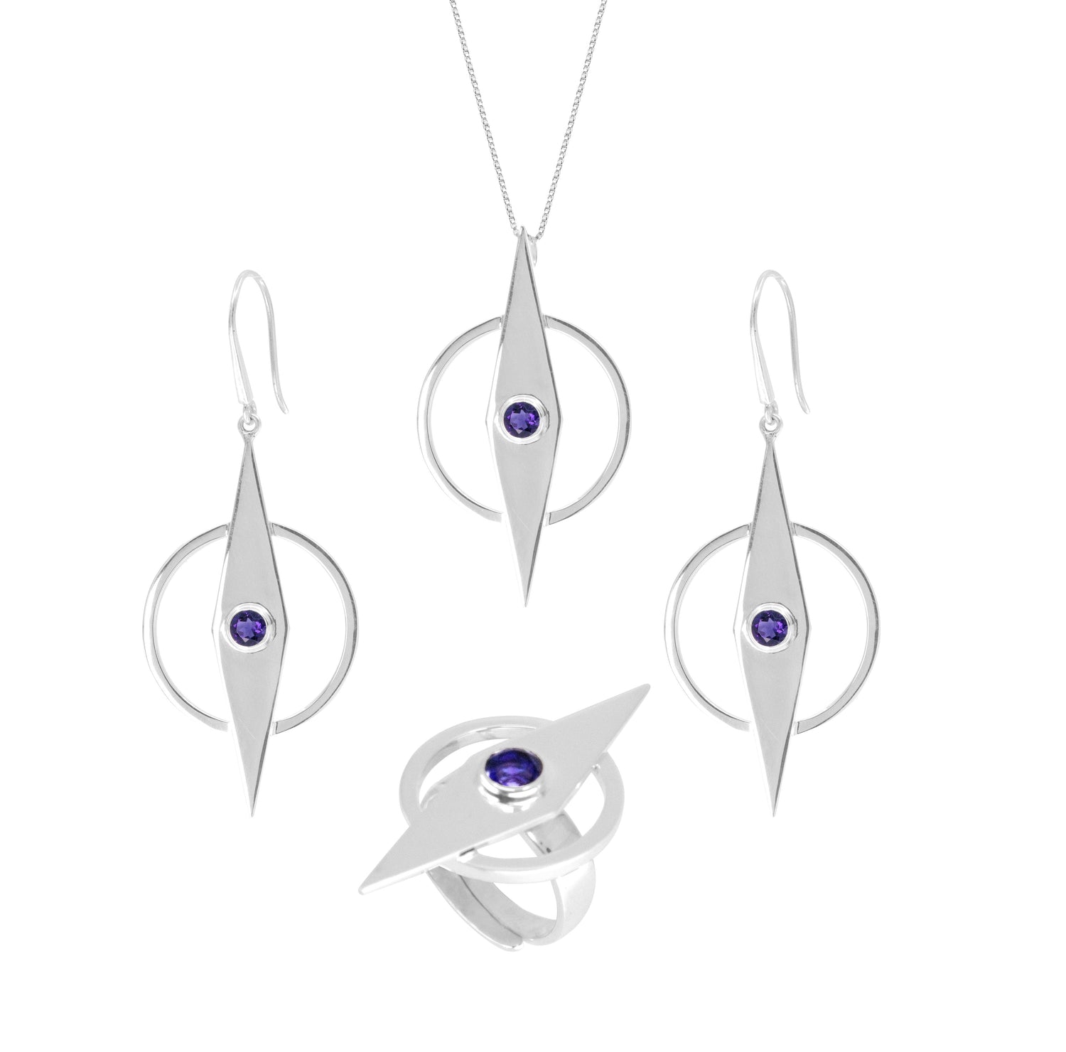 The Intuition Earhooks by Kaora Sandara Jewelry are Sterling Silver 925 earrings featuring pointed oval and circle designs, each accented with a central amethyst gemstone.