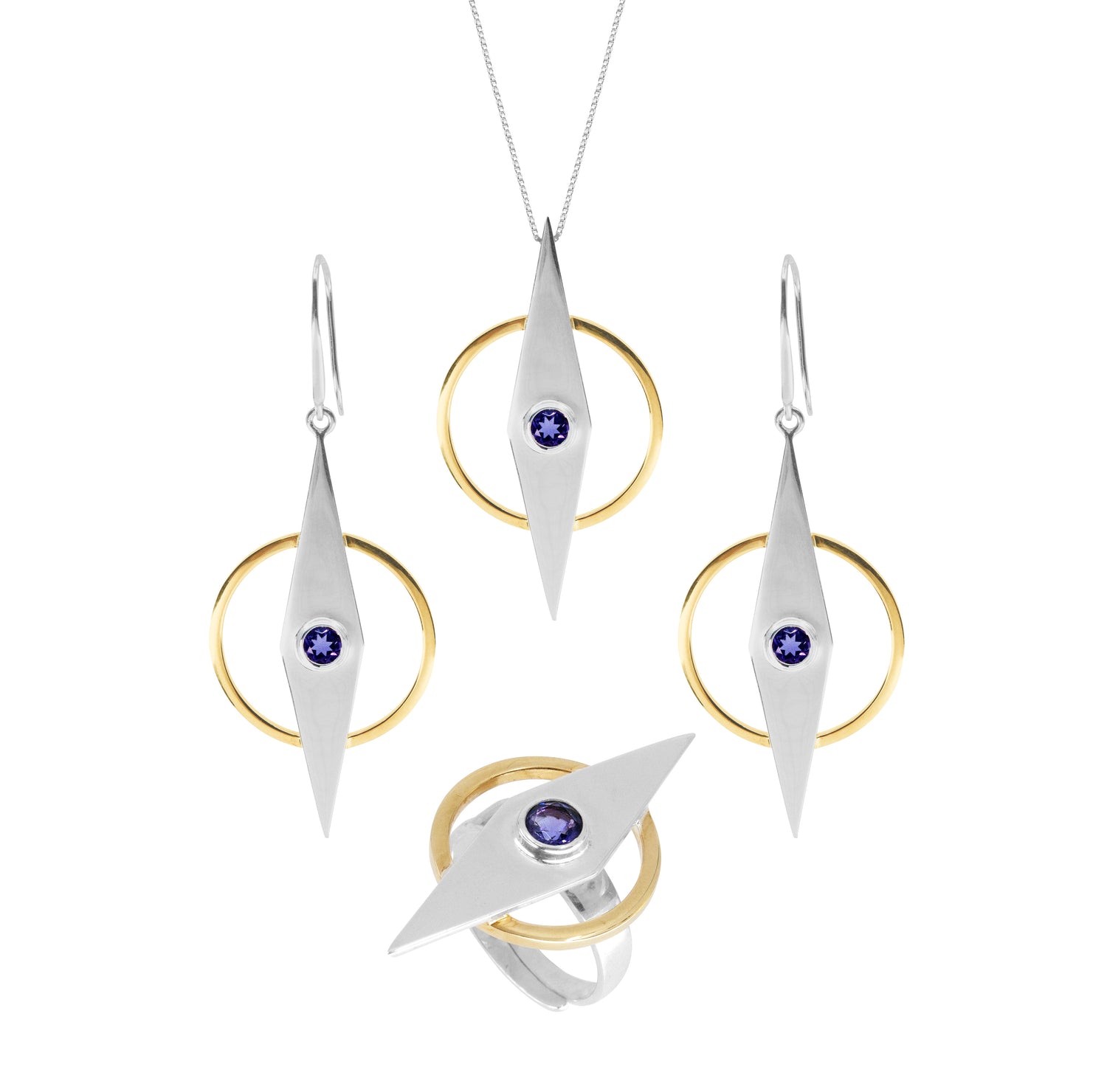 Kaora Sandara Jewelry's Intuition Earhooks feature sterling silver and gold-plated geometric designs with amethyst, beautifully arranged on a white background.