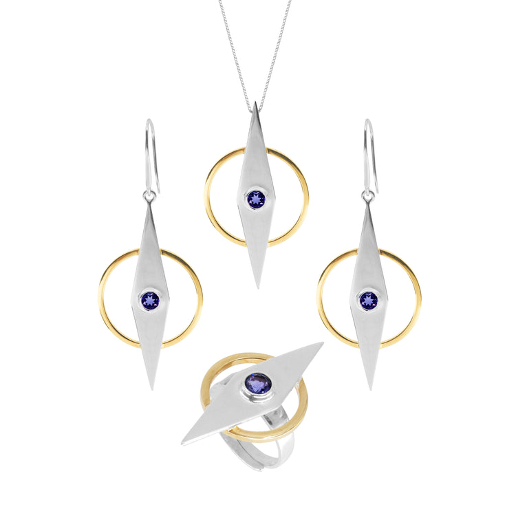 Kaora Sandara Jewelry's Intuition Earhooks feature sterling silver and gold-plated geometric designs with amethyst, beautifully arranged on a white background.