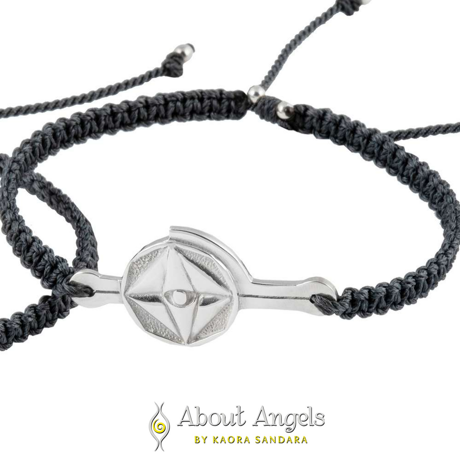 A silver male bracelet on a dark grey string with "Life Mission" code by Kaora Sandara Jewelry, shown on a white background above the "About Angels by Kaora Sandara" logo.