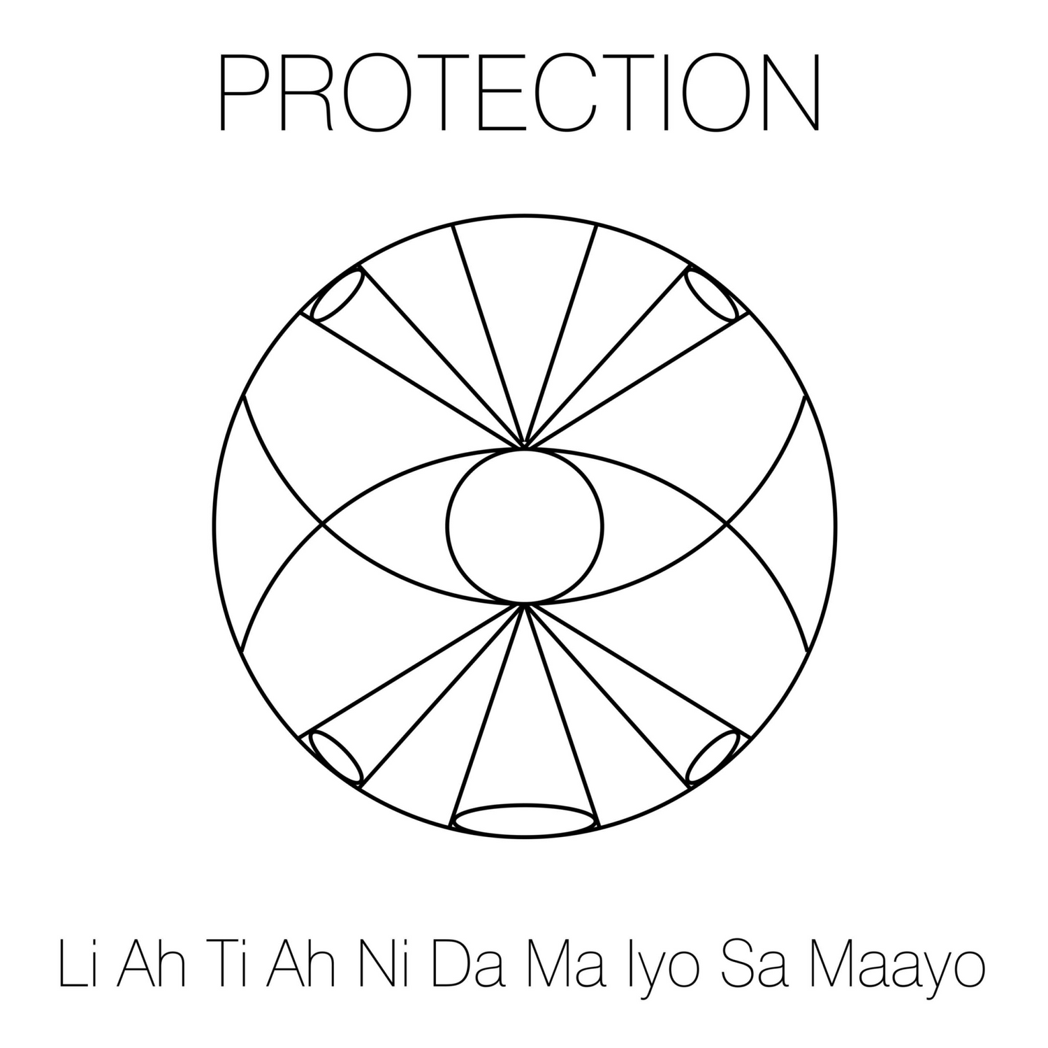 The Silver Male Bracelet On Black String With Code Protection by Kaora Sandara Jewelry features a black and white geometric eye design with radiating lines, sacred text, and "PROTECTION" above and below, symbolizing energy protection.