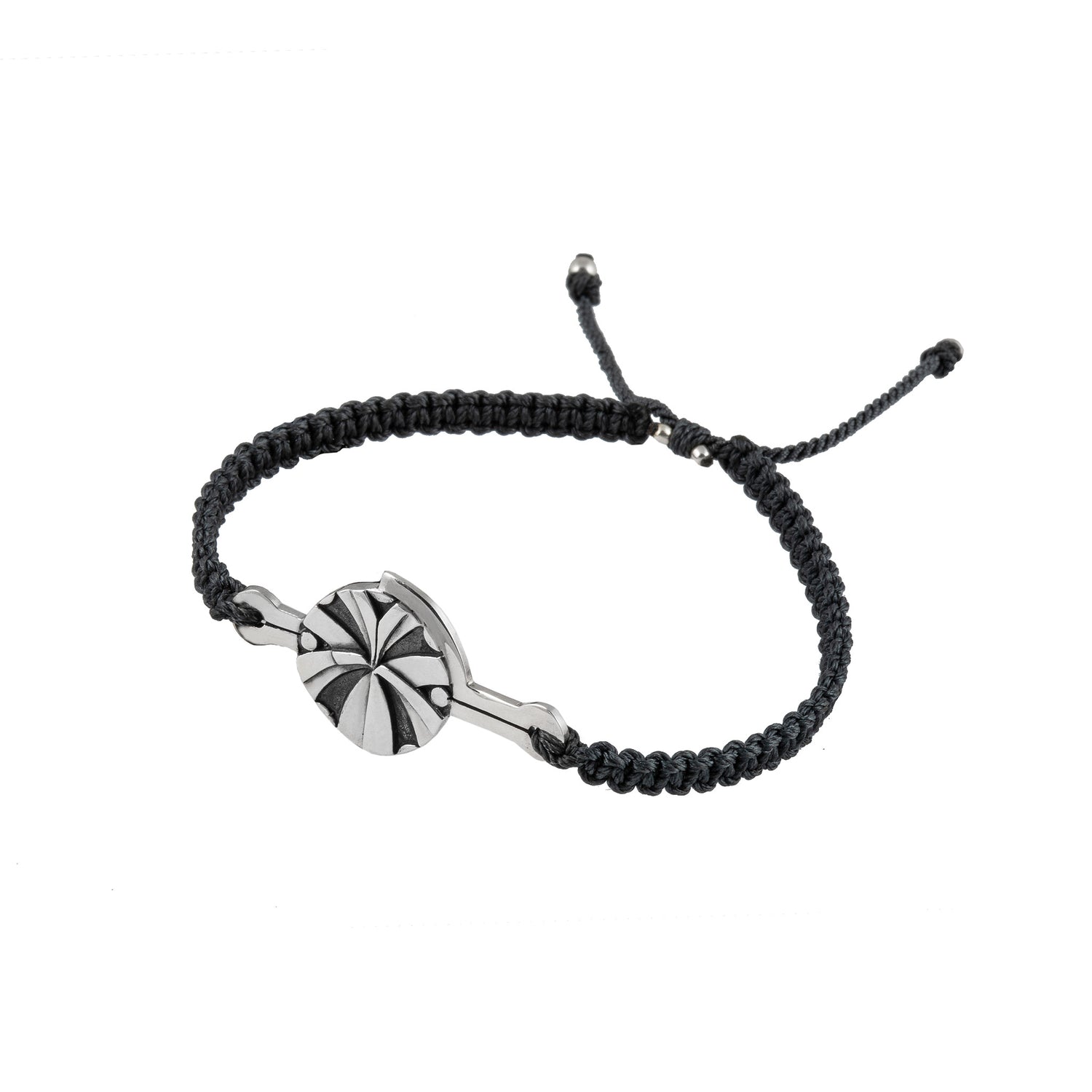 The Silver Male Bracelet On Black String With Code Abundance by Kaora Sandara Jewelry features a sterling silver 925 geometric charm with black and silver radial patterns, shown on a white background.