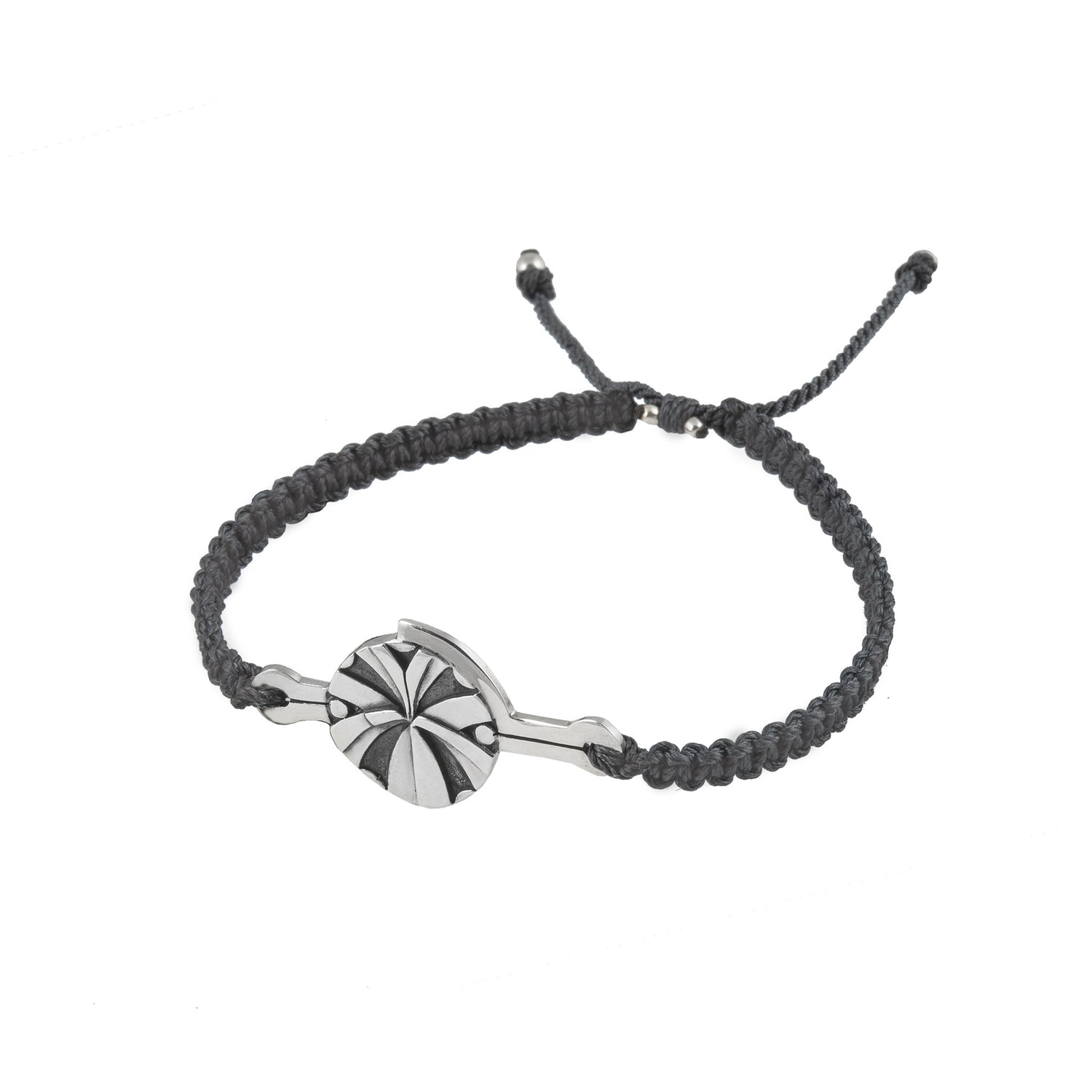 The Kaora Sandara Jewelry Silver Male Bracelet features a round sterling silver 925 “Abundance” charm with a geometric sunburst design on a dark grey, braided adjustable string.