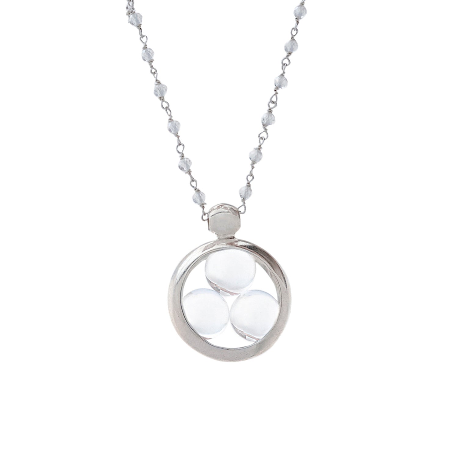 The Kaora Sandara Jewelry Silver Pendant Crystal Peace features three crystal sphere gemstones in a silver frame on a delicate silver-crystal chain, designed to harmonize your energy field. Size L.
