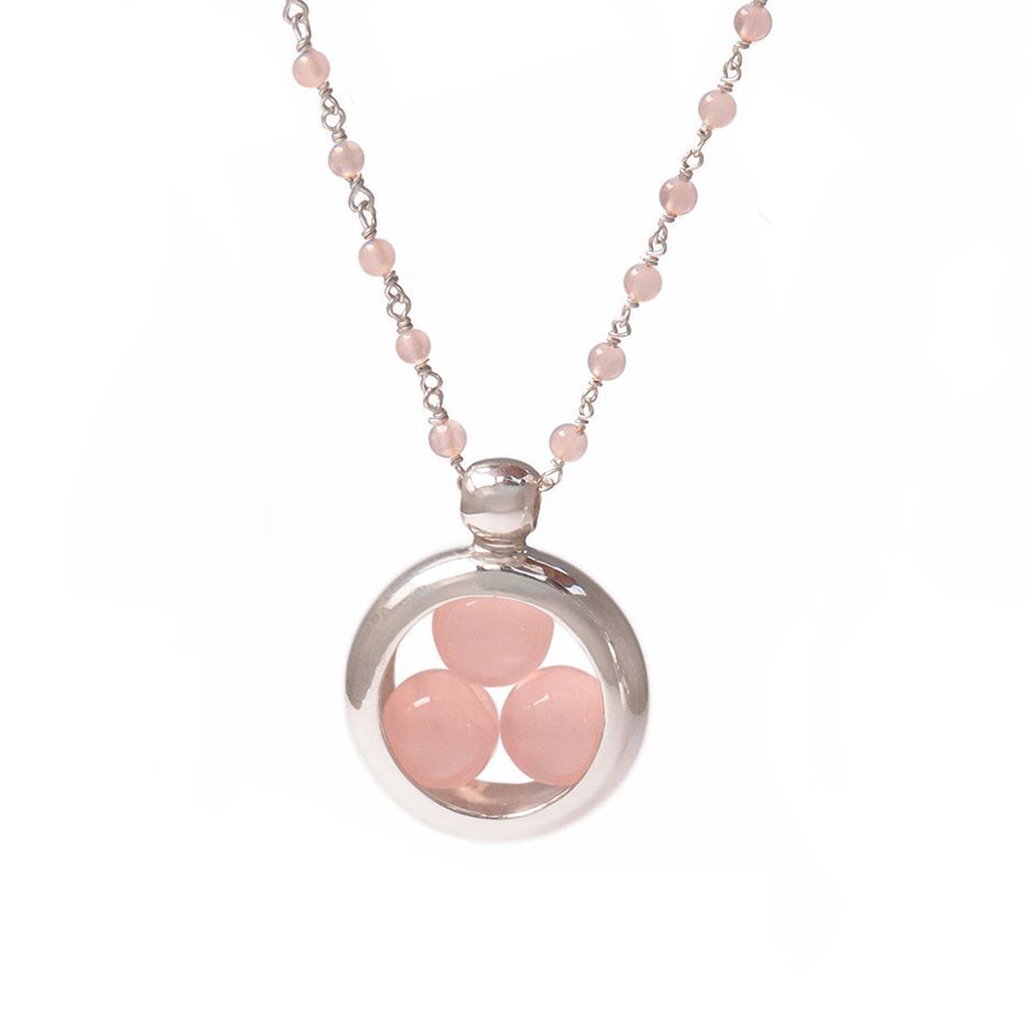 The Kaora Sandara Jewelry "Silver Pendant Crystal Peace" necklace features a circular sterling silver pendant with three rose quartz sphere gemstones and a silver-rose quartz beaded chain, size L.